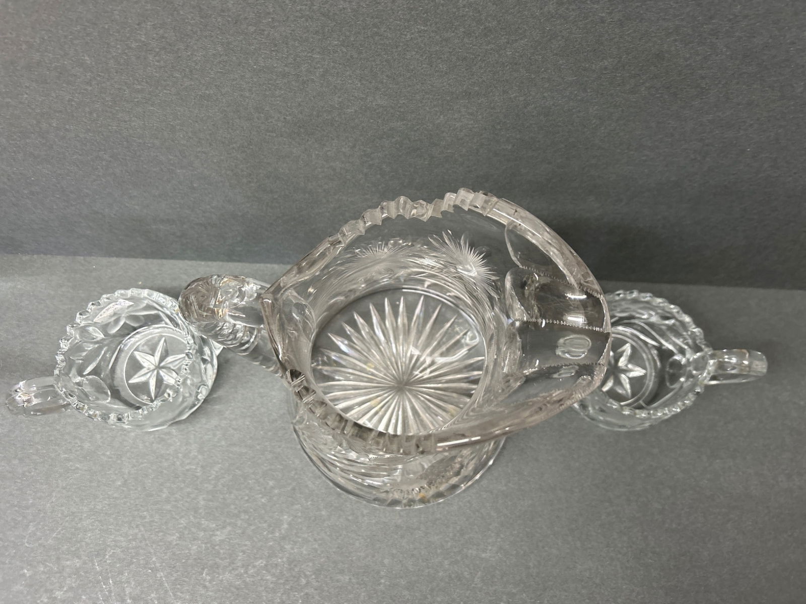 Crystal Pitcher with Floral Etching and Accompanying Sugar and Creamer Set - 3