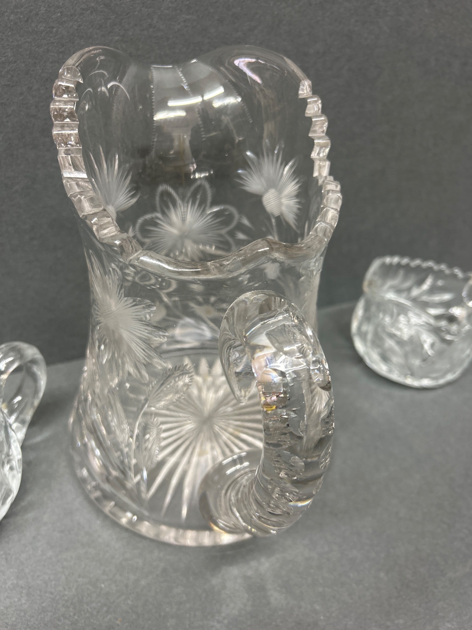 Crystal Pitcher with Floral Etching and Accompanying Sugar and Creamer Set - 4