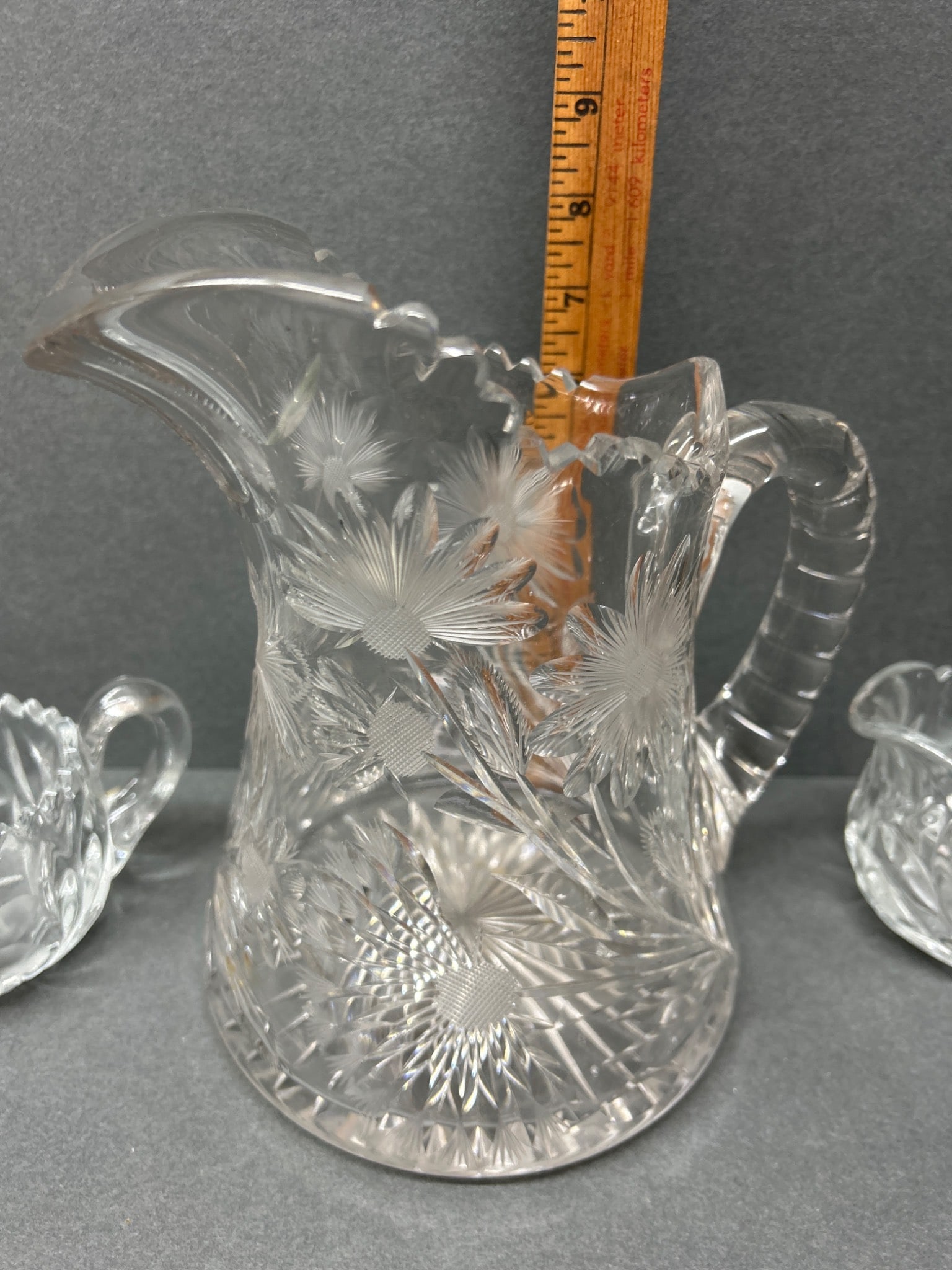 Crystal Pitcher with Floral Etching and Accompanying Sugar and Creamer Set - 7