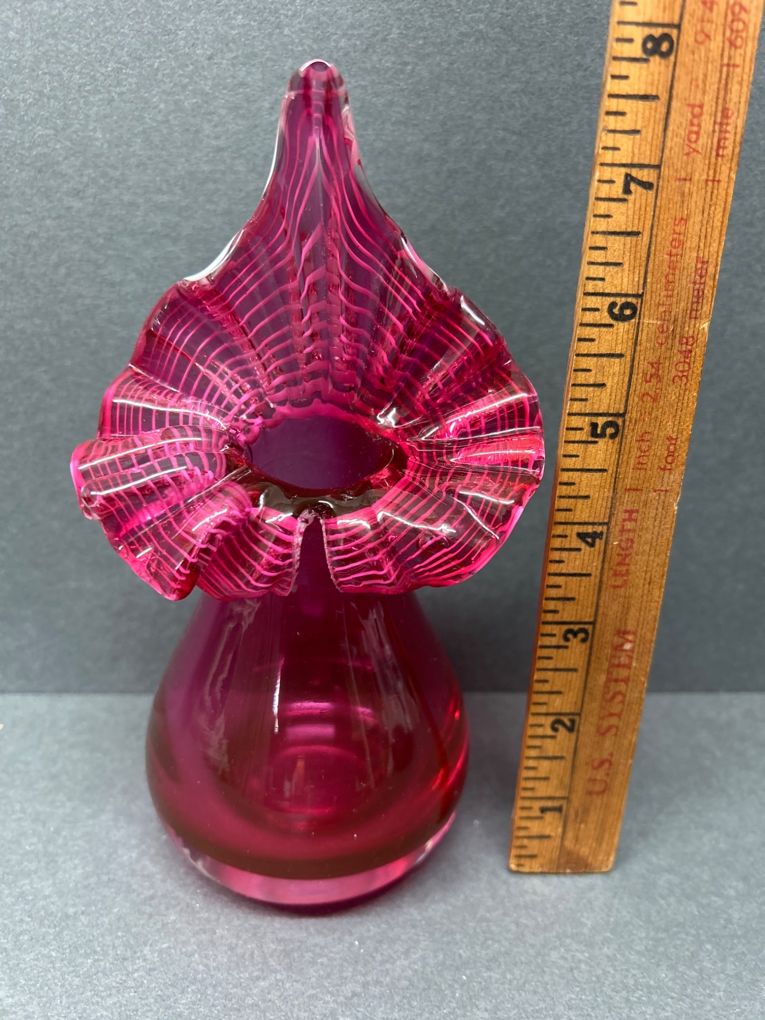 Handblown Art Glass Vase With Flaring Ruffled Top in Deep Pink - 2