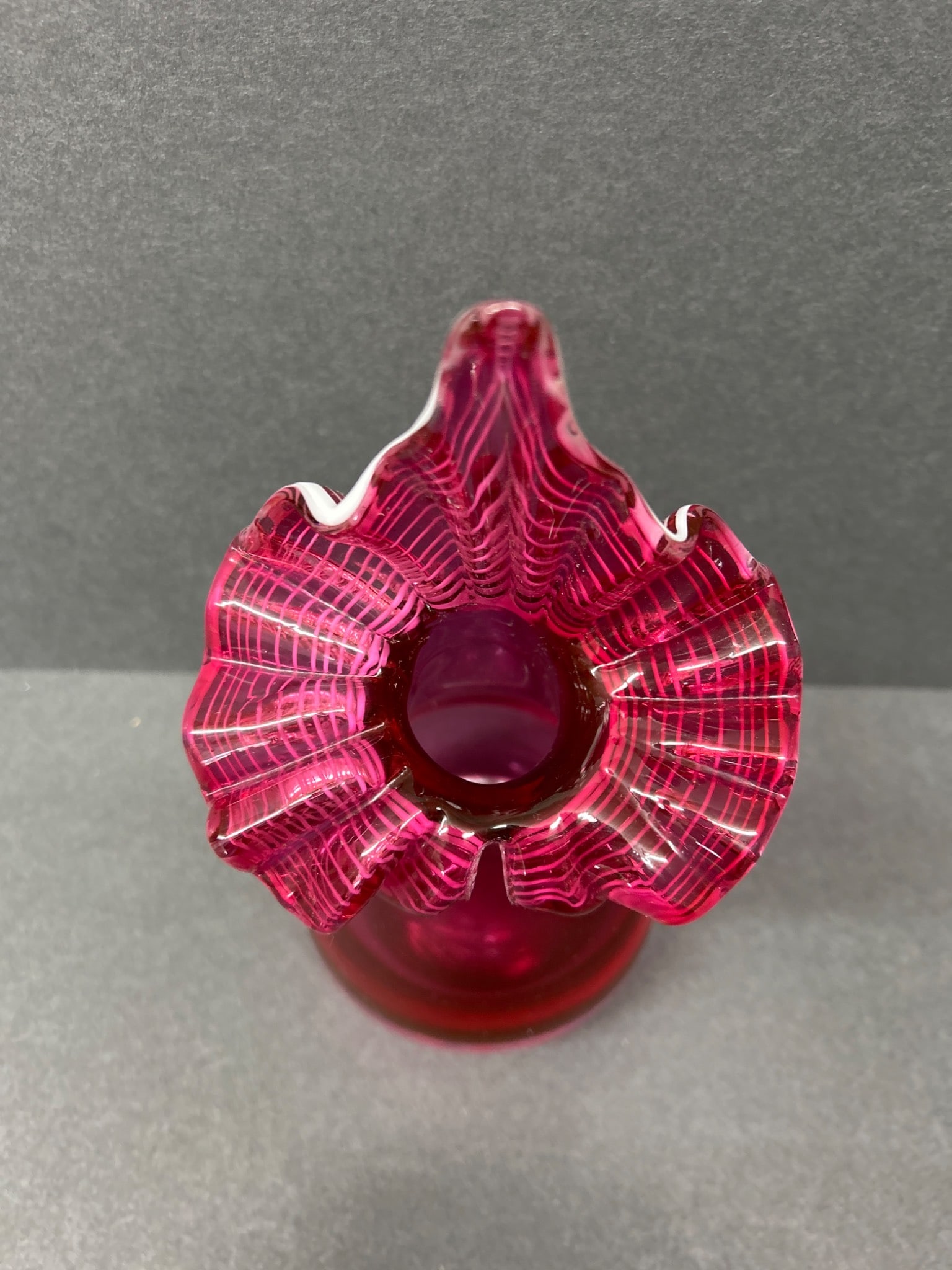 Handblown Art Glass Vase With Flaring Ruffled Top in Deep Pink - 6