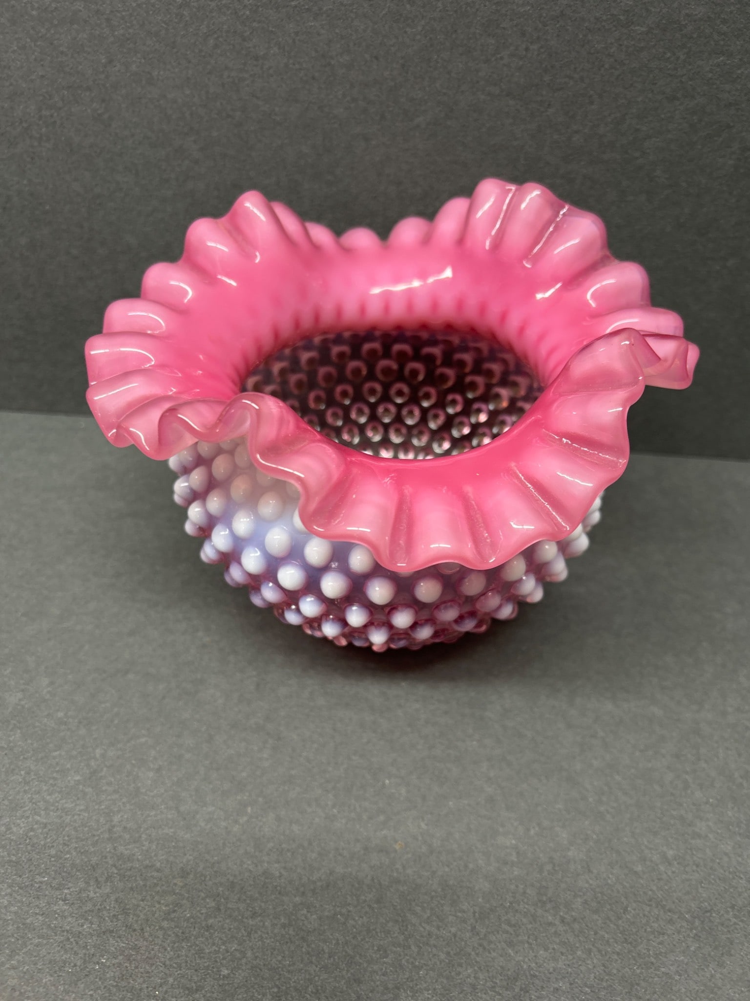 Pink Hobnail Glass Vase with Ruffled Rim - 2