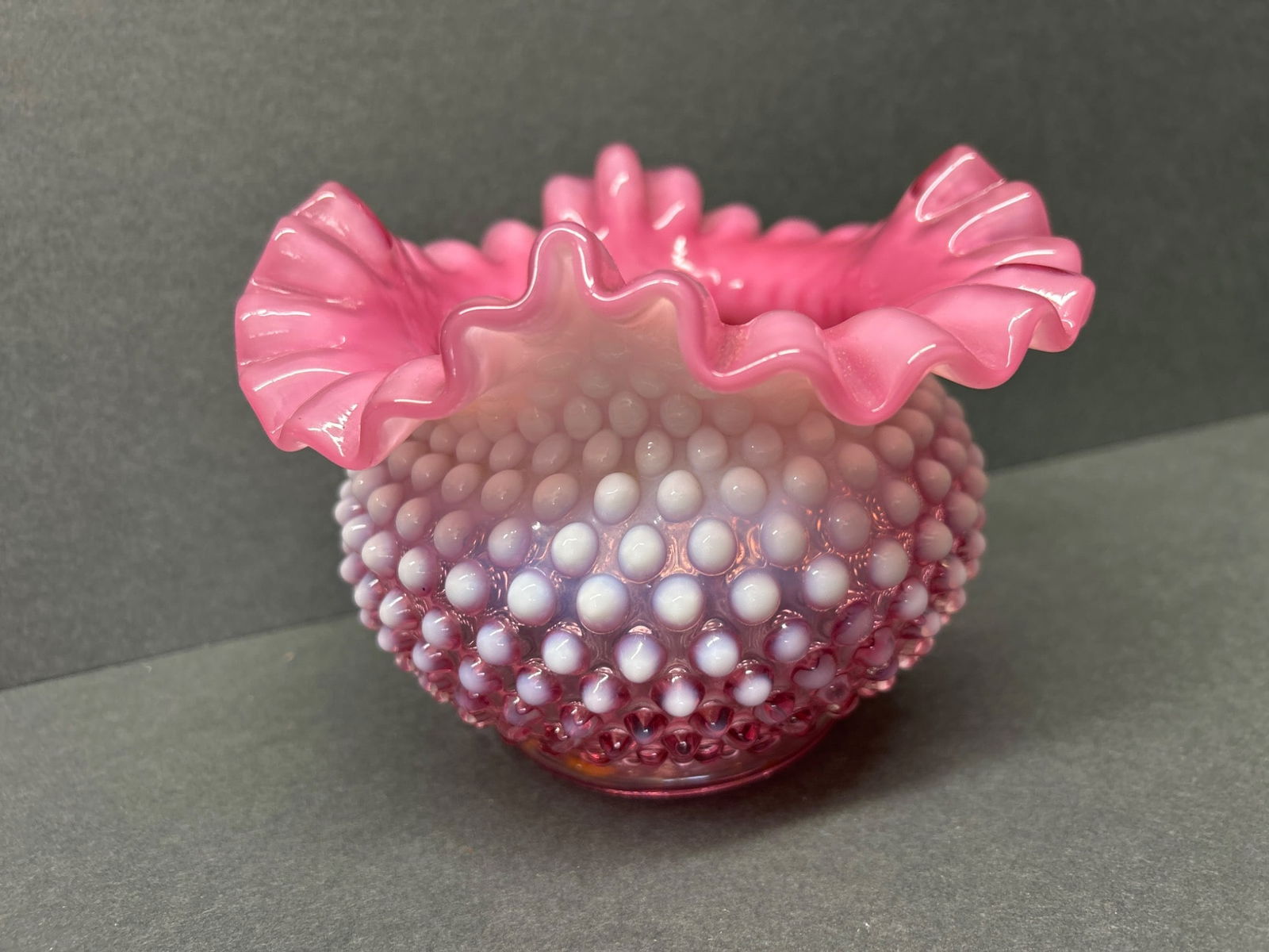 Pink Hobnail Glass Vase with Ruffled Rim - 3