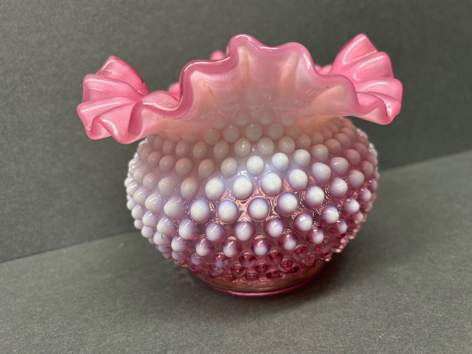 Pink Hobnail Glass Vase with Ruffled Rim - 4