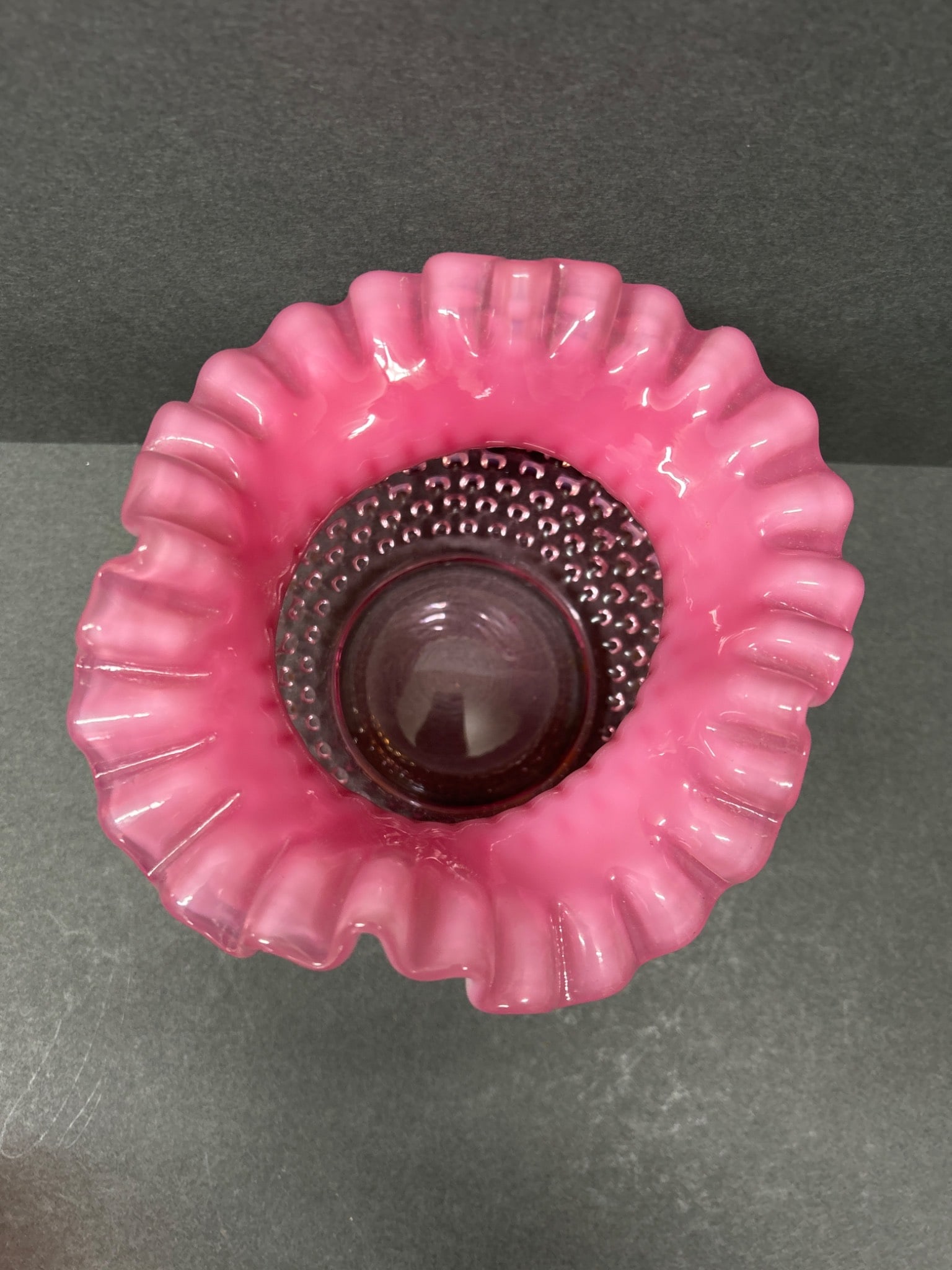 Pink Hobnail Glass Vase with Ruffled Rim - 5
