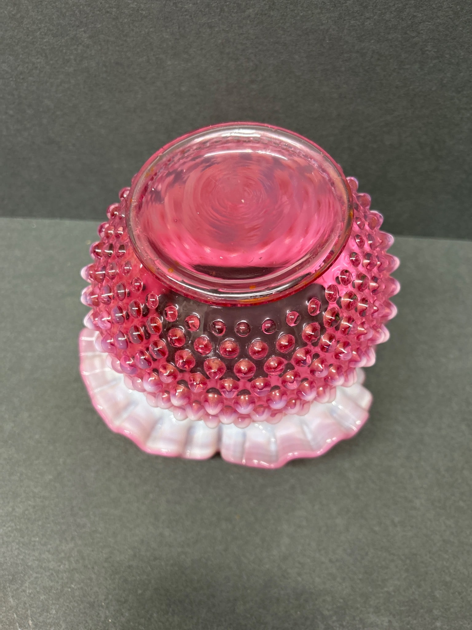 Pink Hobnail Glass Vase with Ruffled Rim - 6