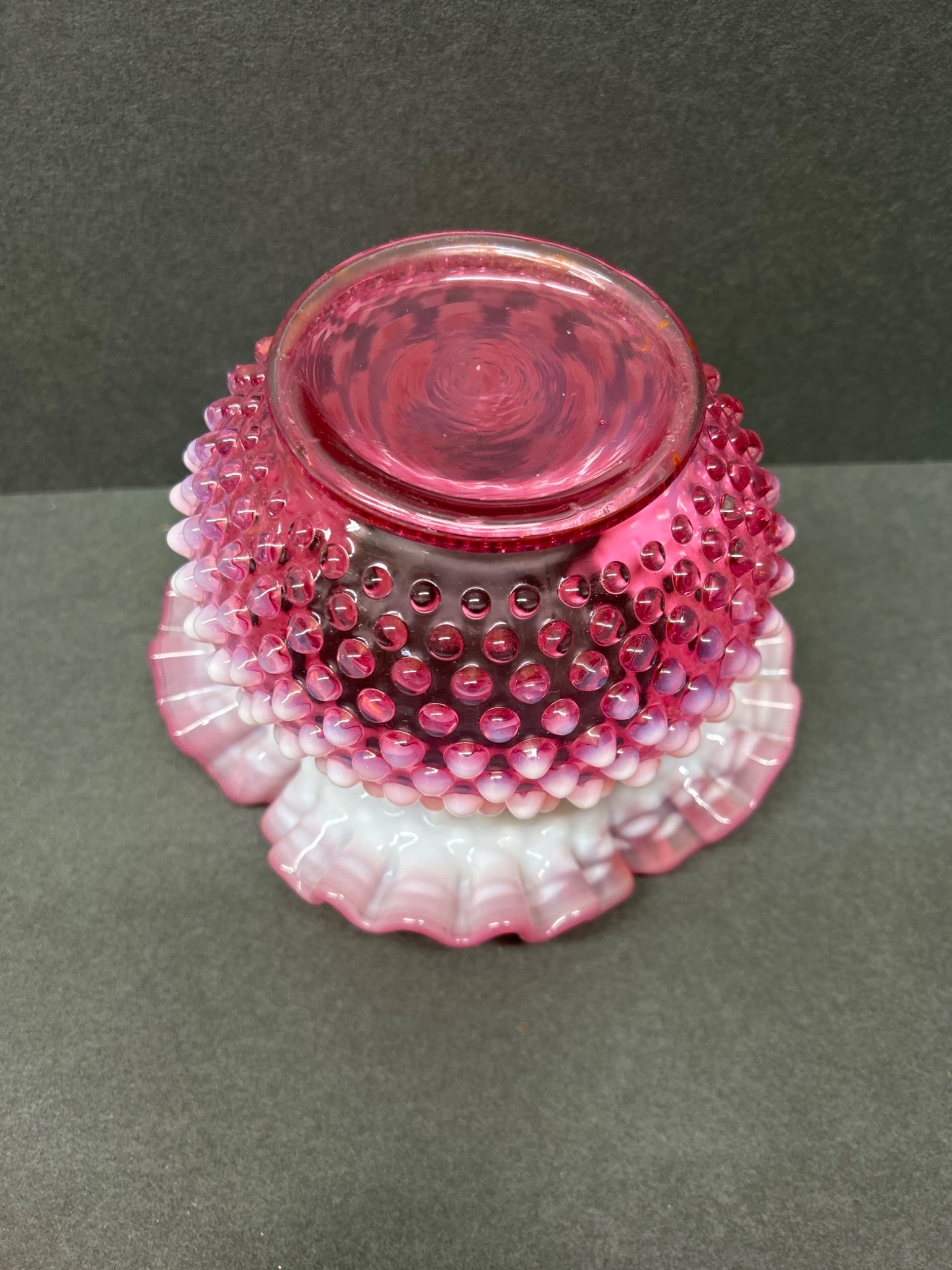 Pink Hobnail Glass Vase with Ruffled Rim - 7