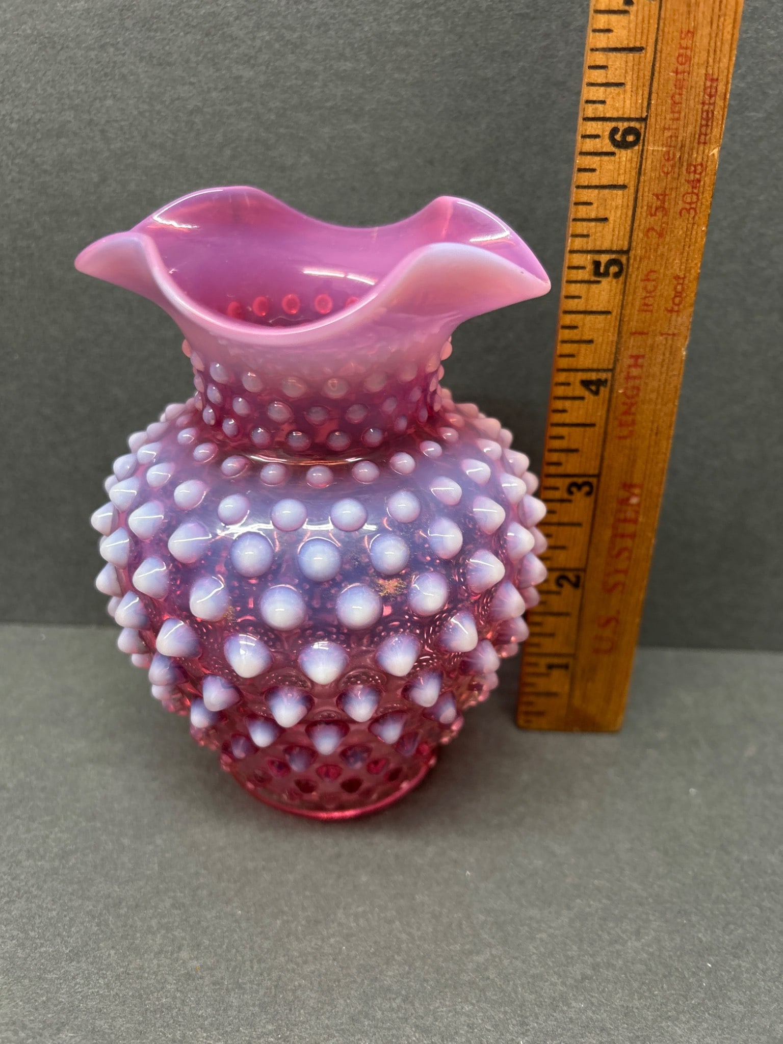 Pink Hobnail Glass Vase with Ruffled Rim, Approx. 4 Inches Tall - 2