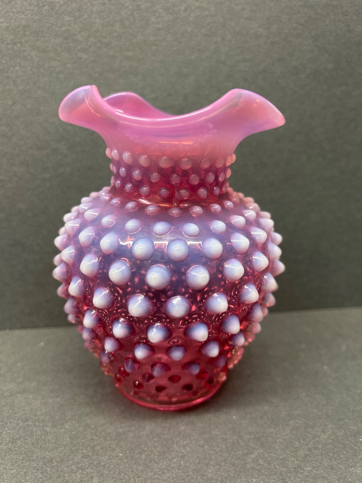 Pink Hobnail Glass Vase with Ruffled Rim, Approx. 4 Inches Tall - 3