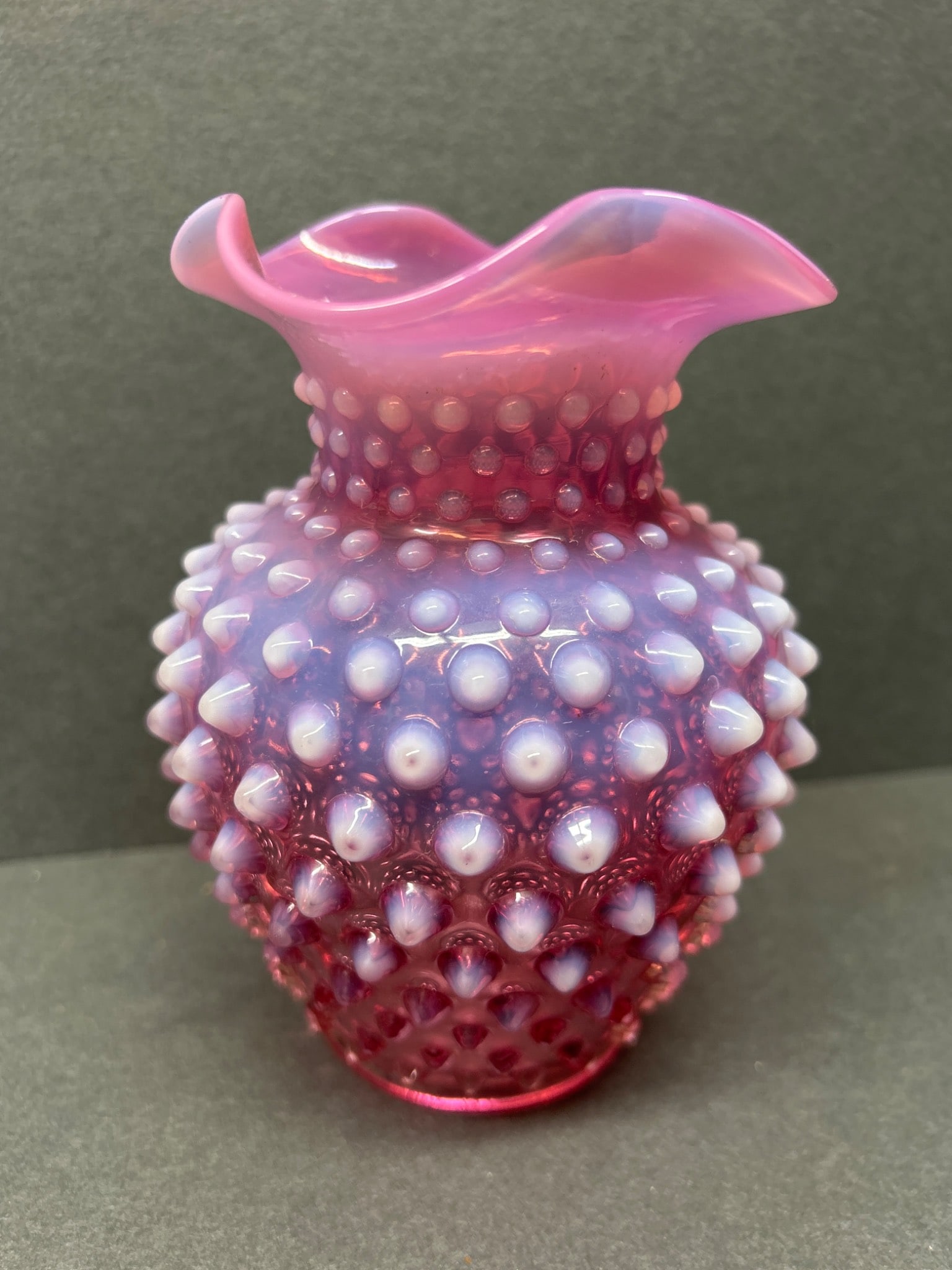 Pink Hobnail Glass Vase with Ruffled Rim, Approx. 4 Inches Tall - 4