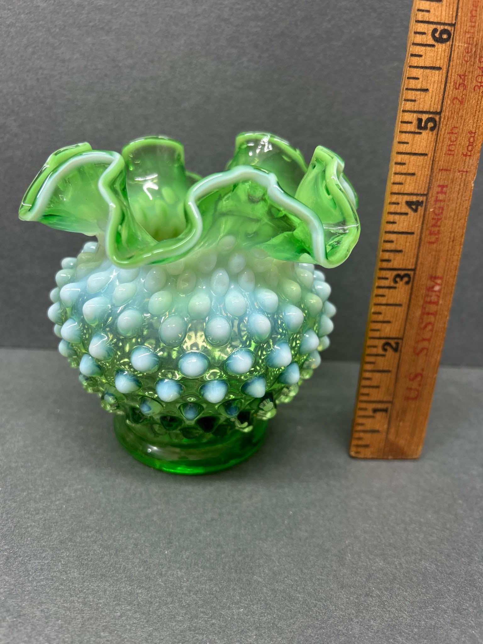 Green Opalescent Hobnail Glass Vase with Ruffled Rim - 2