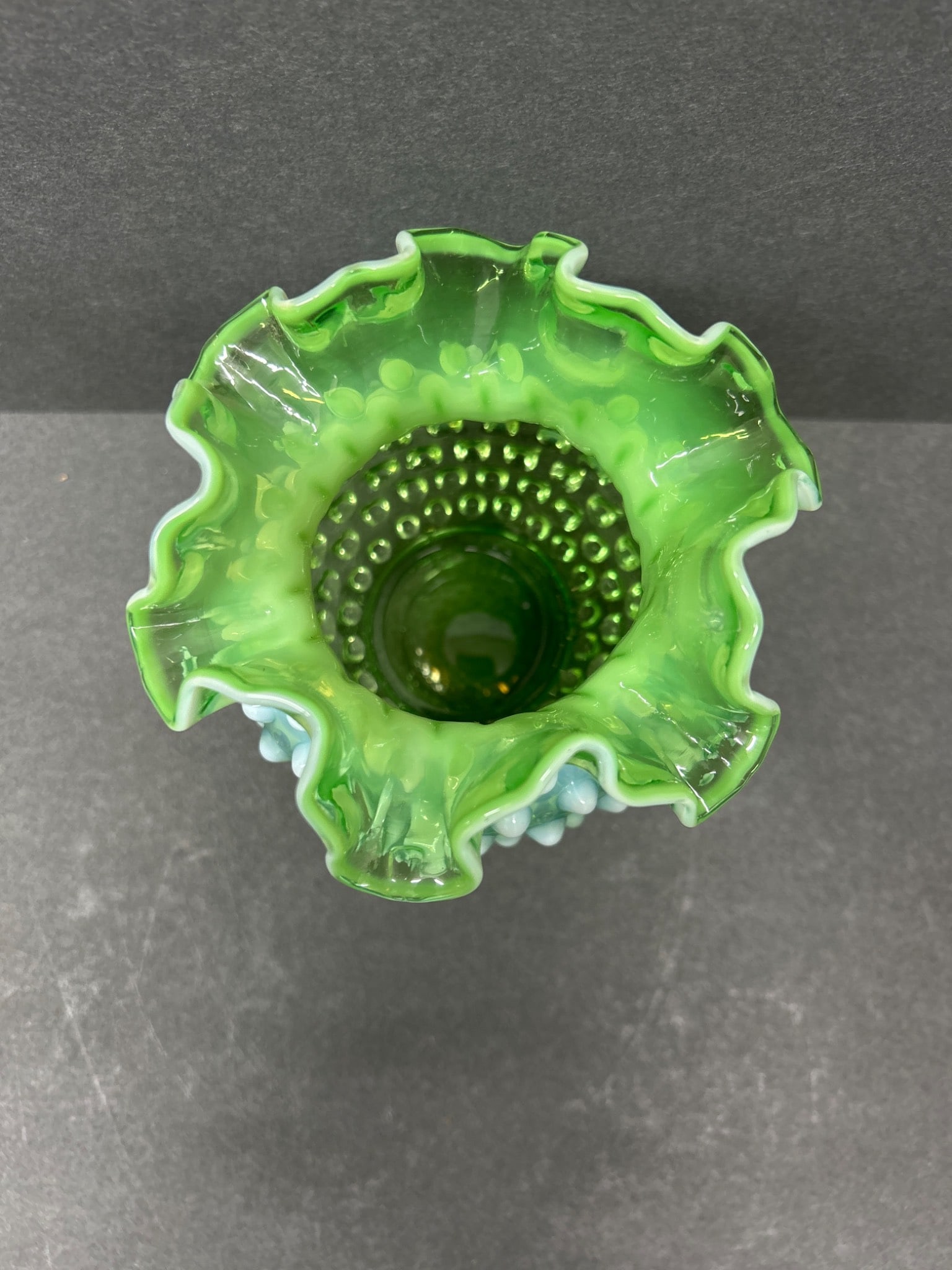 Green Opalescent Hobnail Glass Vase with Ruffled Rim - 3
