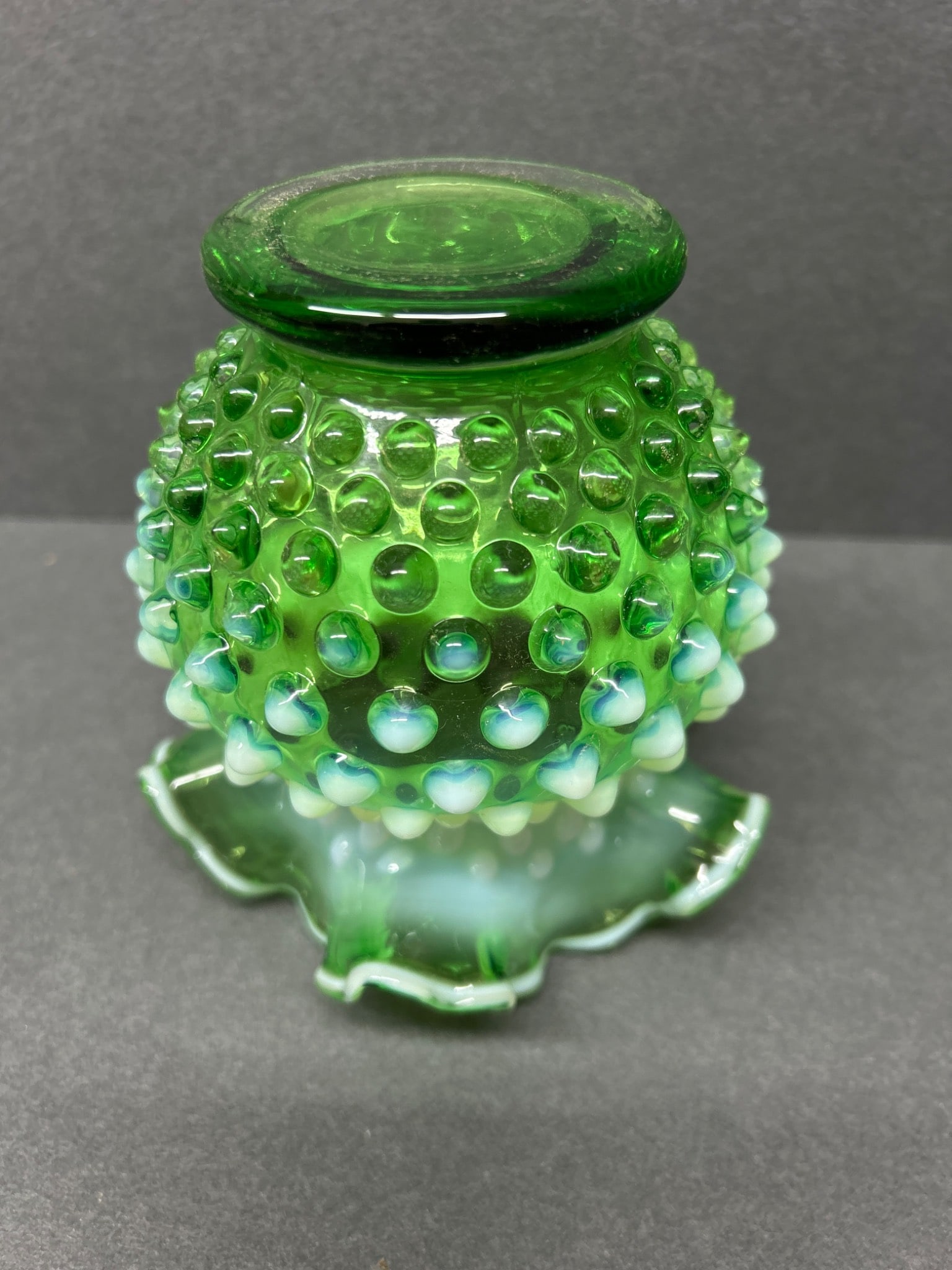 Green Opalescent Hobnail Glass Vase with Ruffled Rim - 4