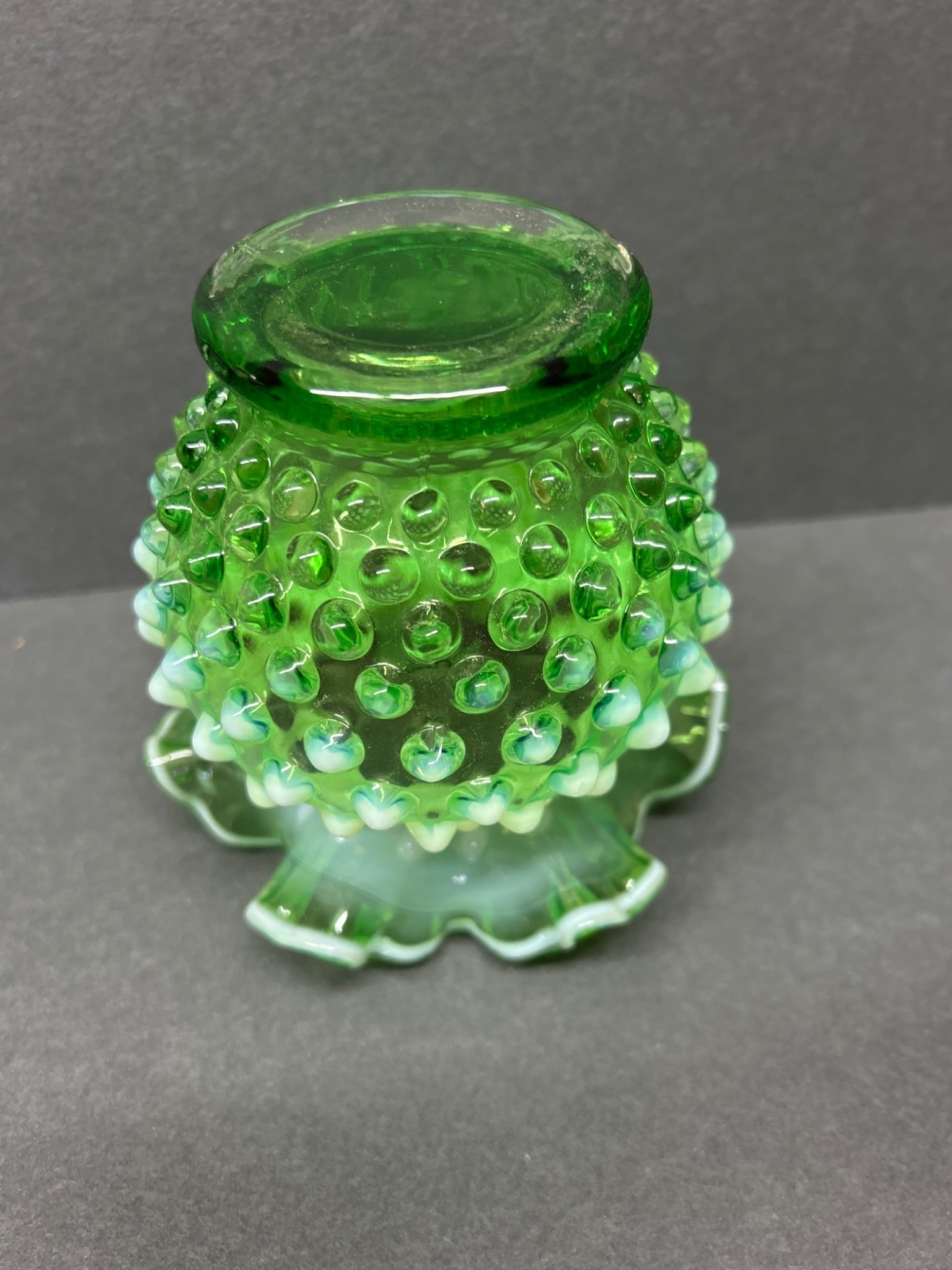 Green Opalescent Hobnail Glass Vase with Ruffled Rim - 5