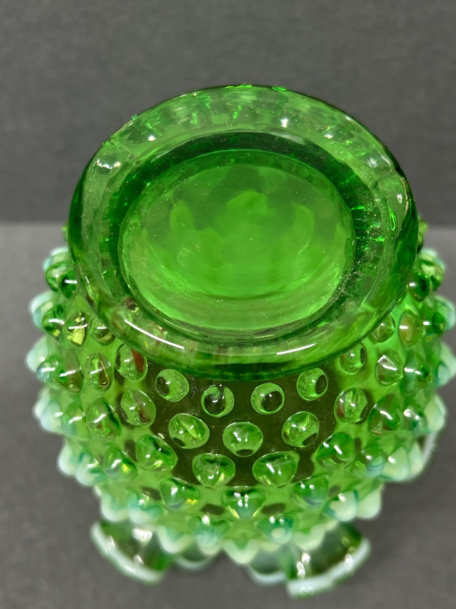 Green Opalescent Hobnail Glass Vase with Ruffled Rim - 6