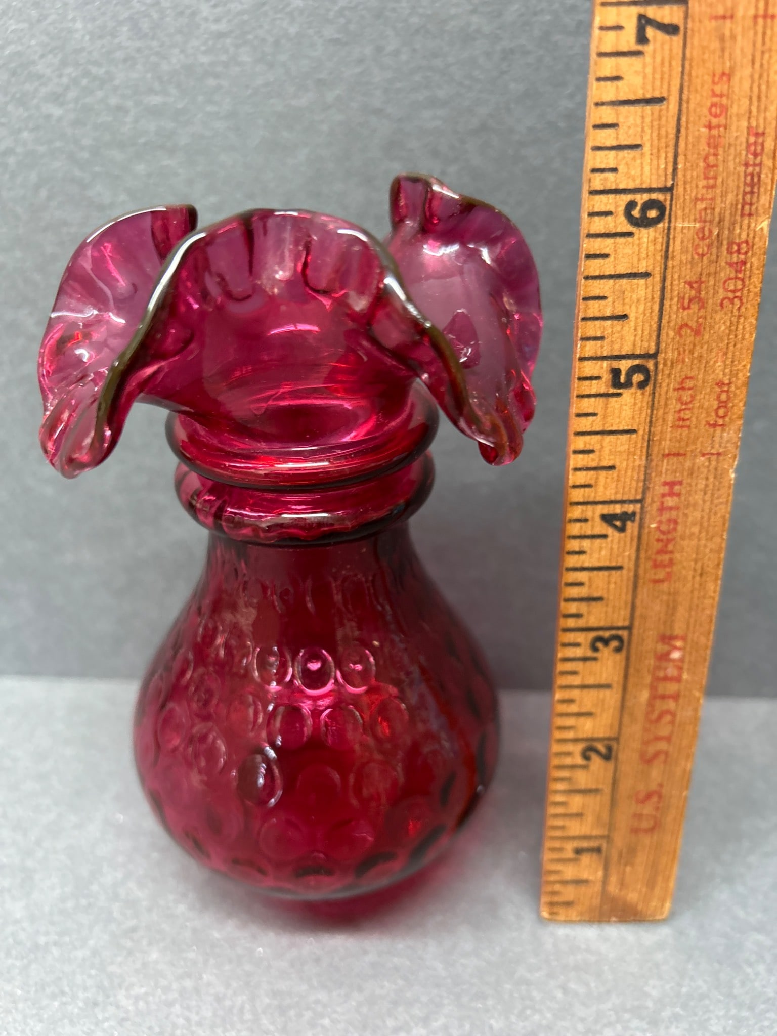 Ruby Red Hand-Blown Glass Vase with Ruffled Rim - 5 inches - 2