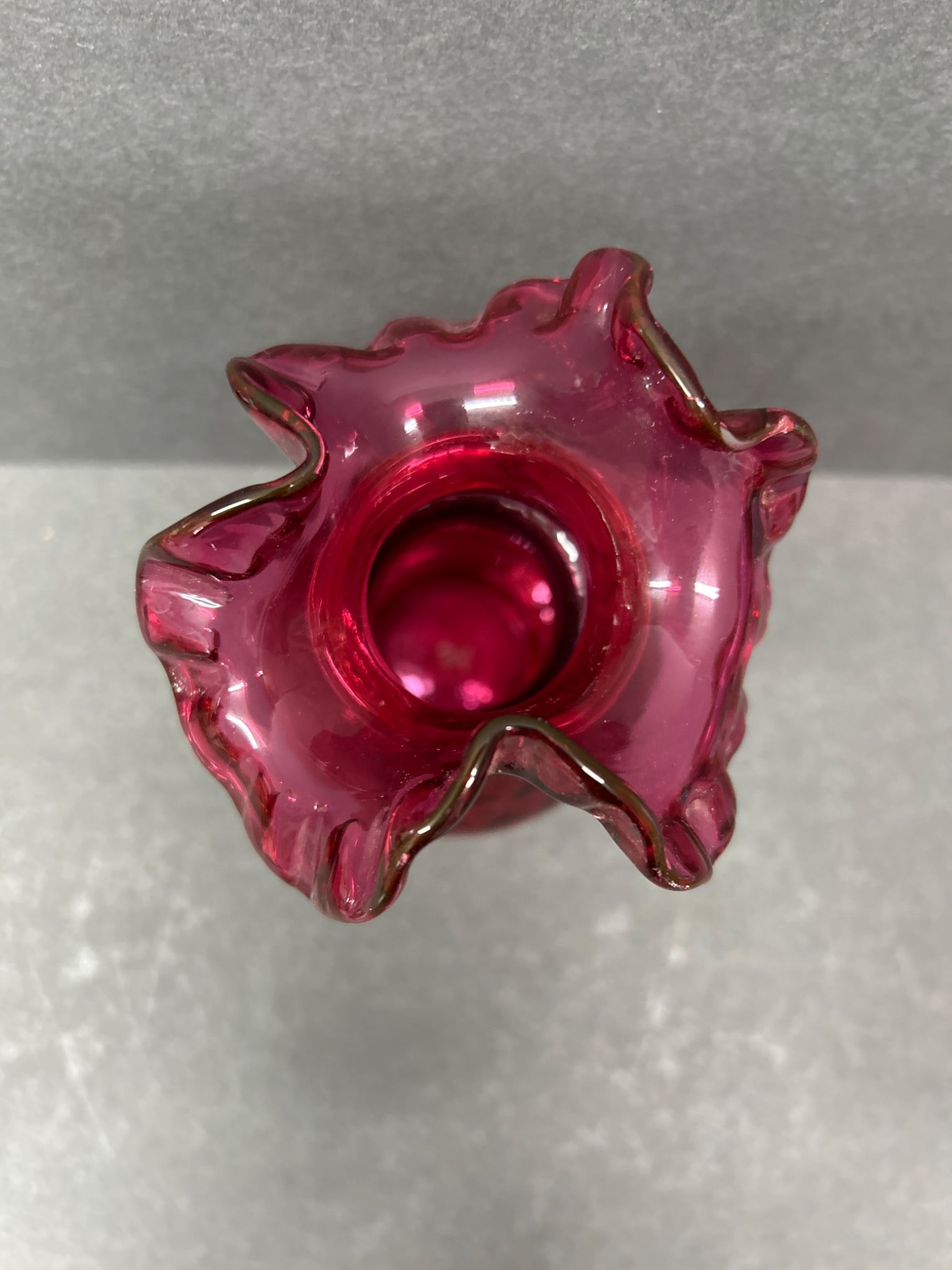Ruby Red Hand-Blown Glass Vase with Ruffled Rim - 5 inches - 3