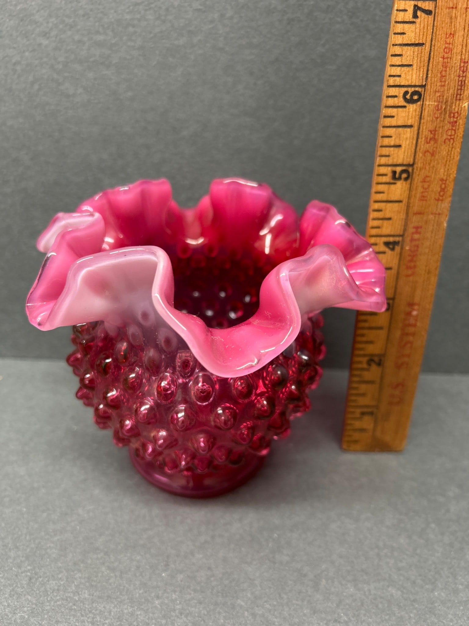 Cranberry Glass Hobnail Ruffled Vase with Opalescent Edge - 2