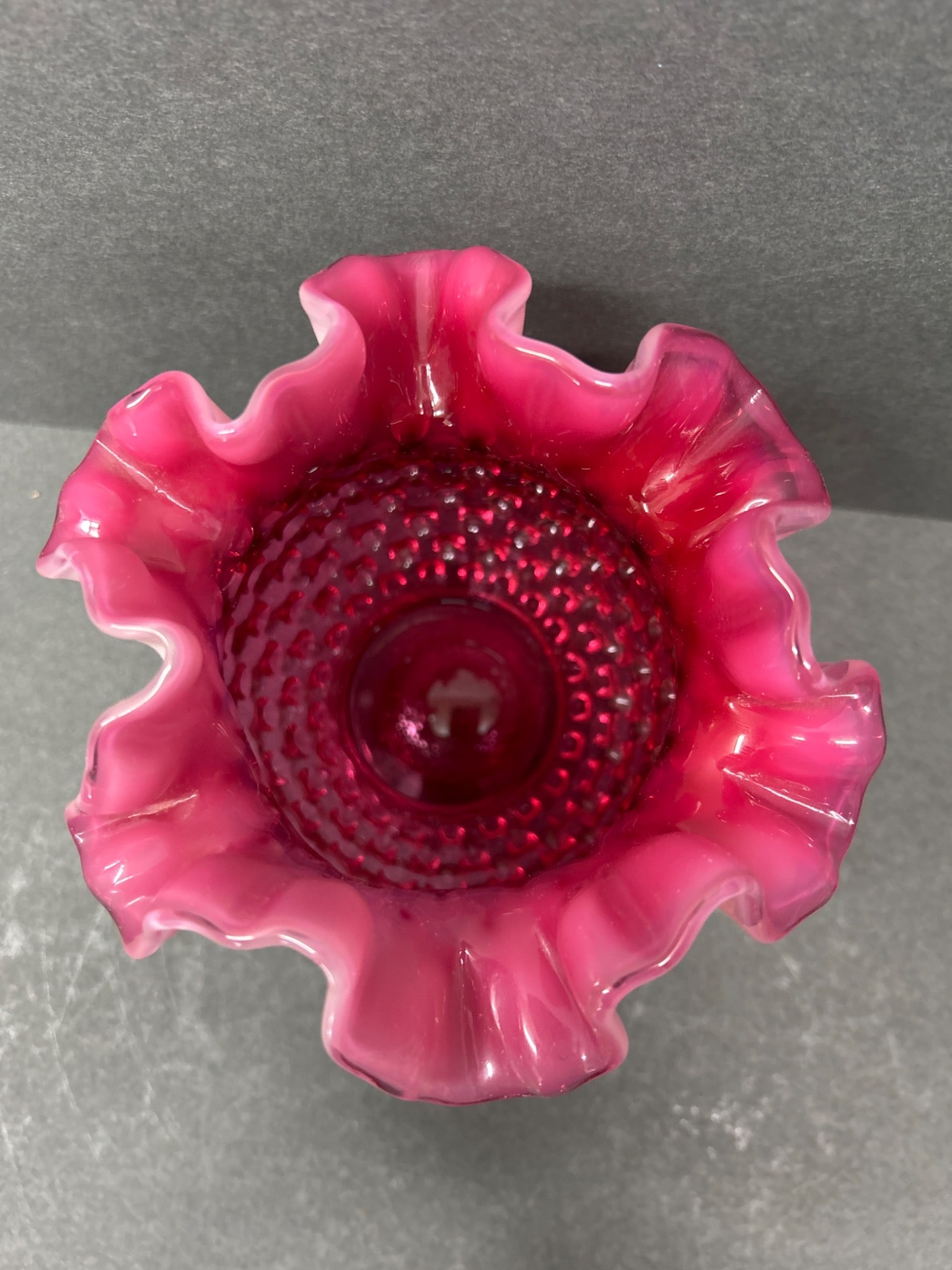 Cranberry Glass Hobnail Ruffled Vase with Opalescent Edge - 3