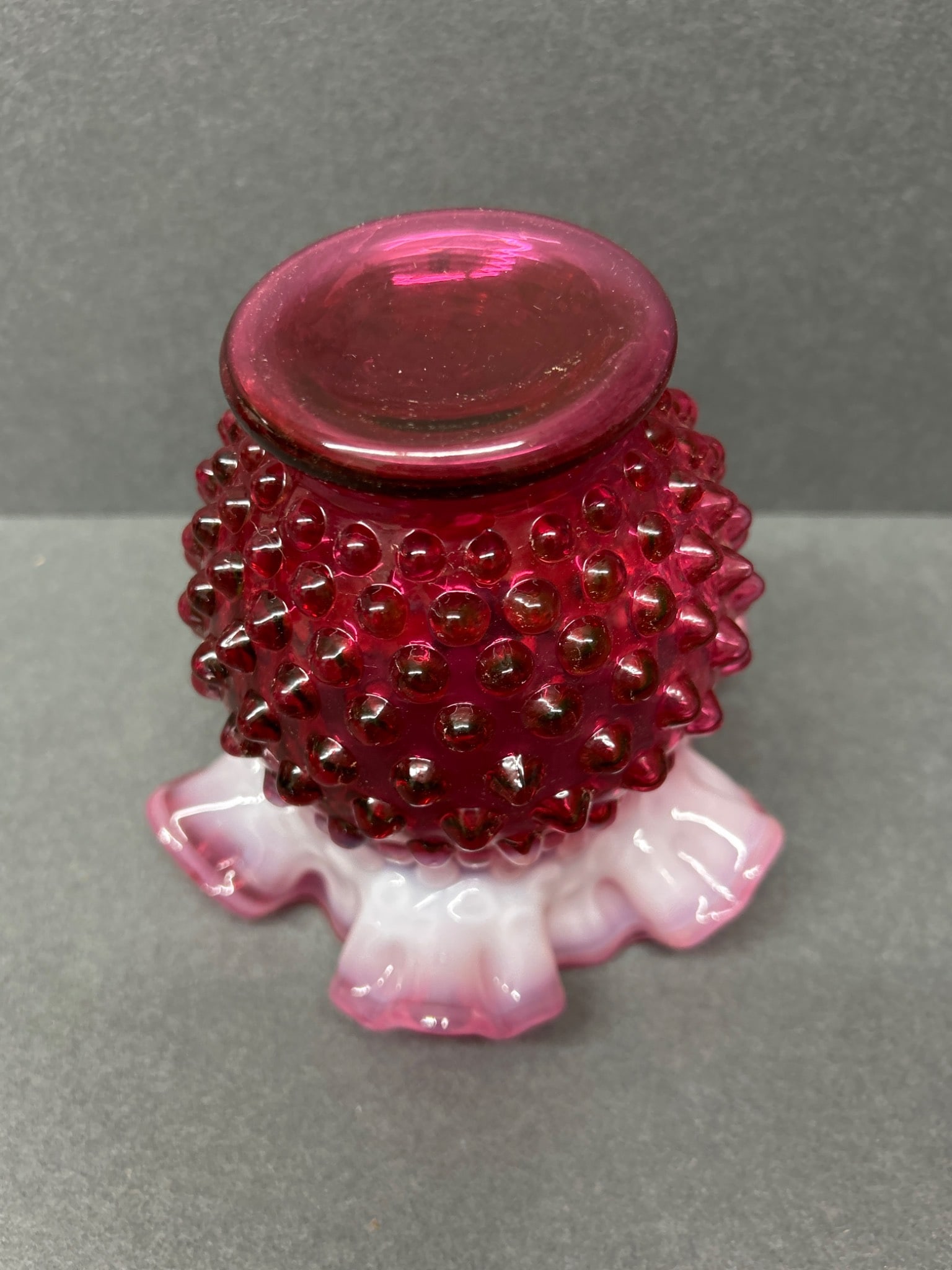 Cranberry Glass Hobnail Ruffled Vase with Opalescent Edge - 4