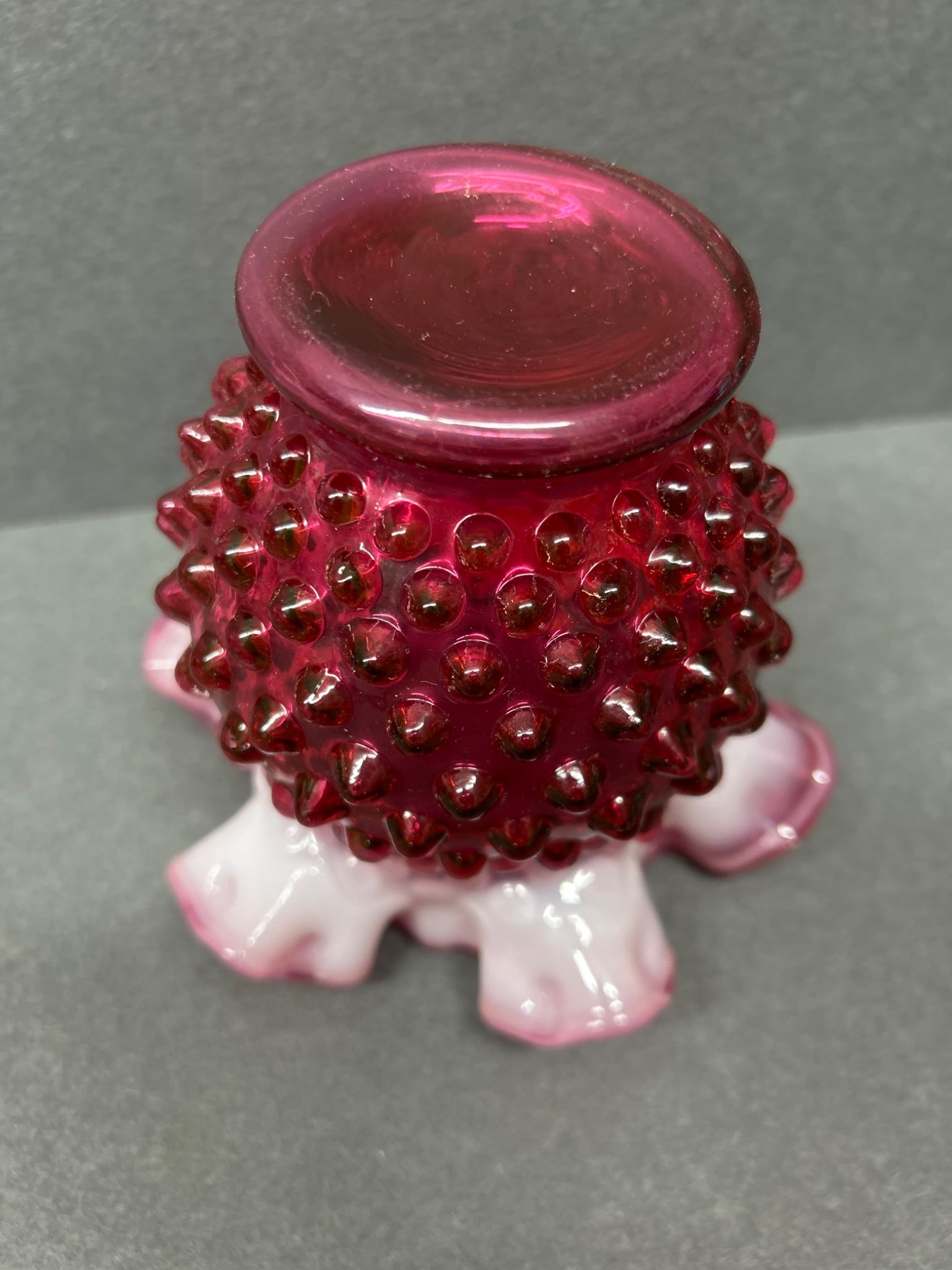 Cranberry Glass Hobnail Ruffled Vase with Opalescent Edge - 5