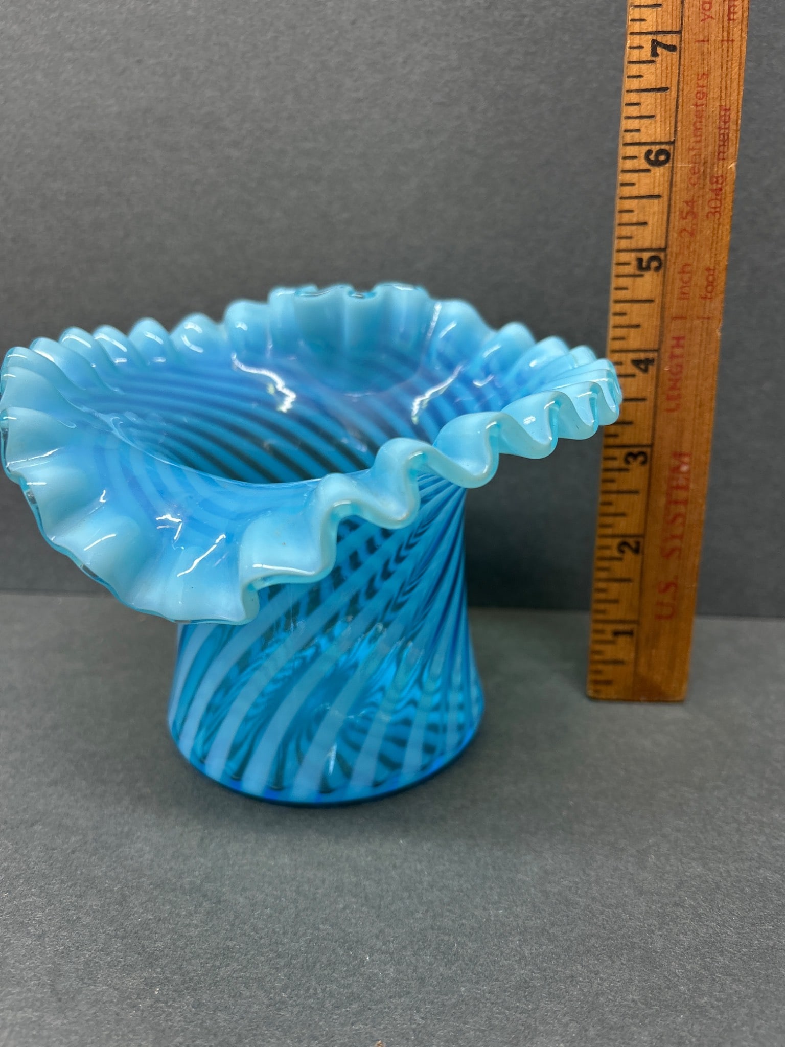 Blue Glass Vase With Ruffled Rim and Swirled Pattern - 2