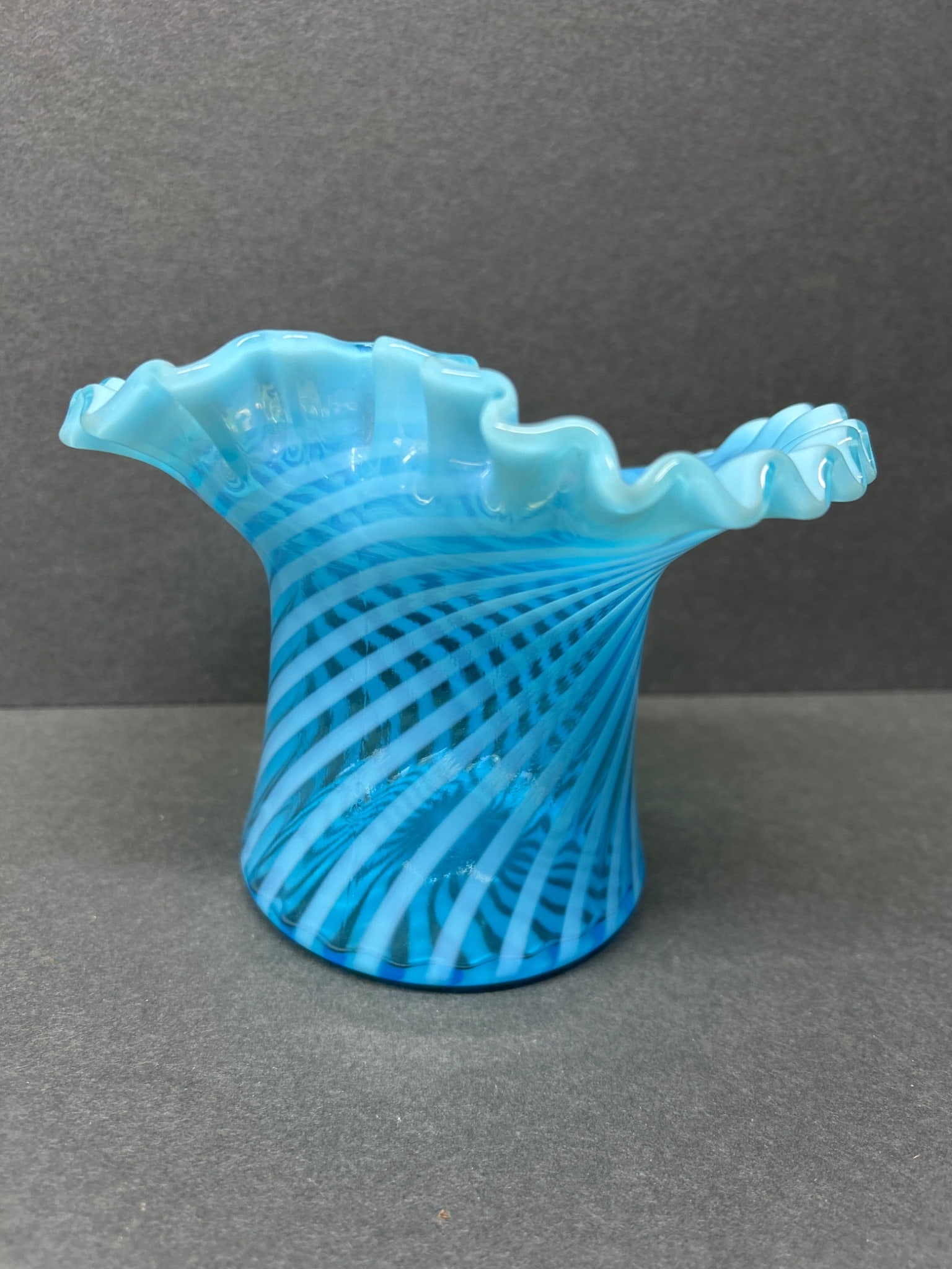Blue Glass Vase With Ruffled Rim and Swirled Pattern - 3