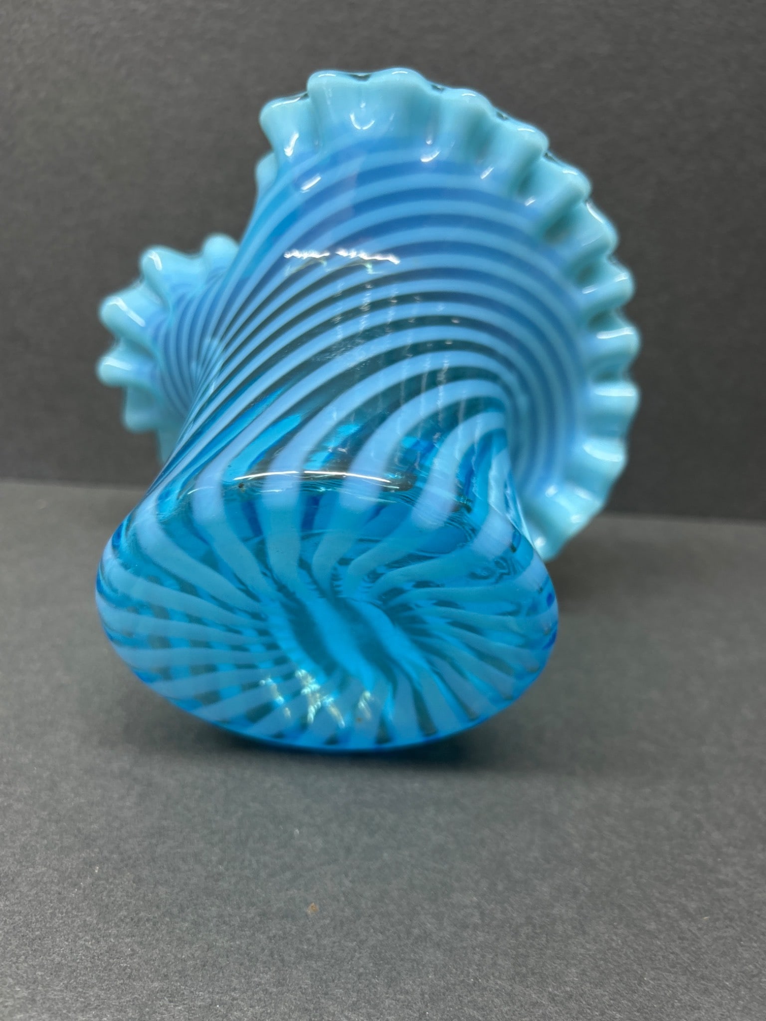 Blue Glass Vase With Ruffled Rim and Swirled Pattern - 4