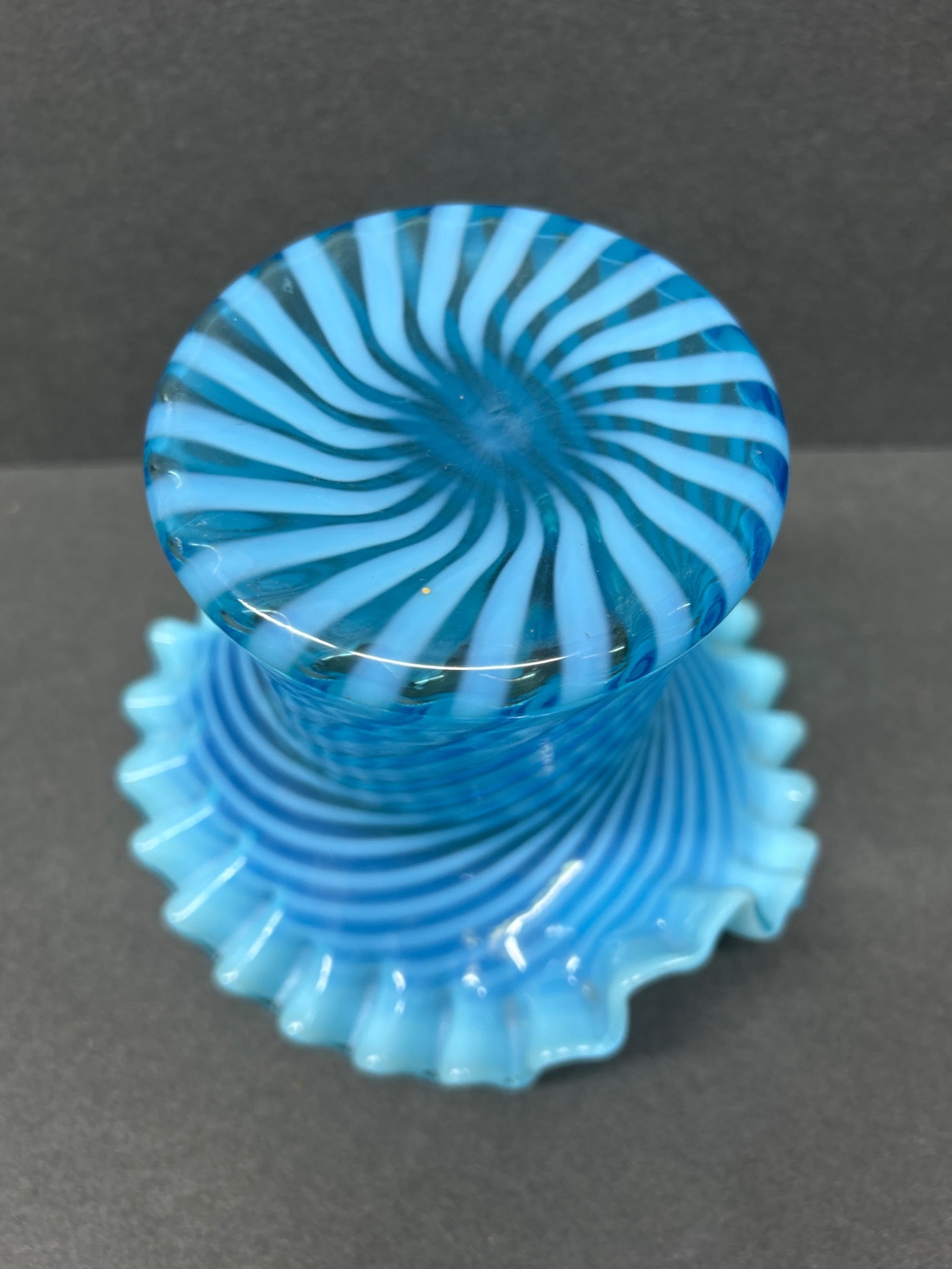 Blue Glass Vase With Ruffled Rim and Swirled Pattern - 5