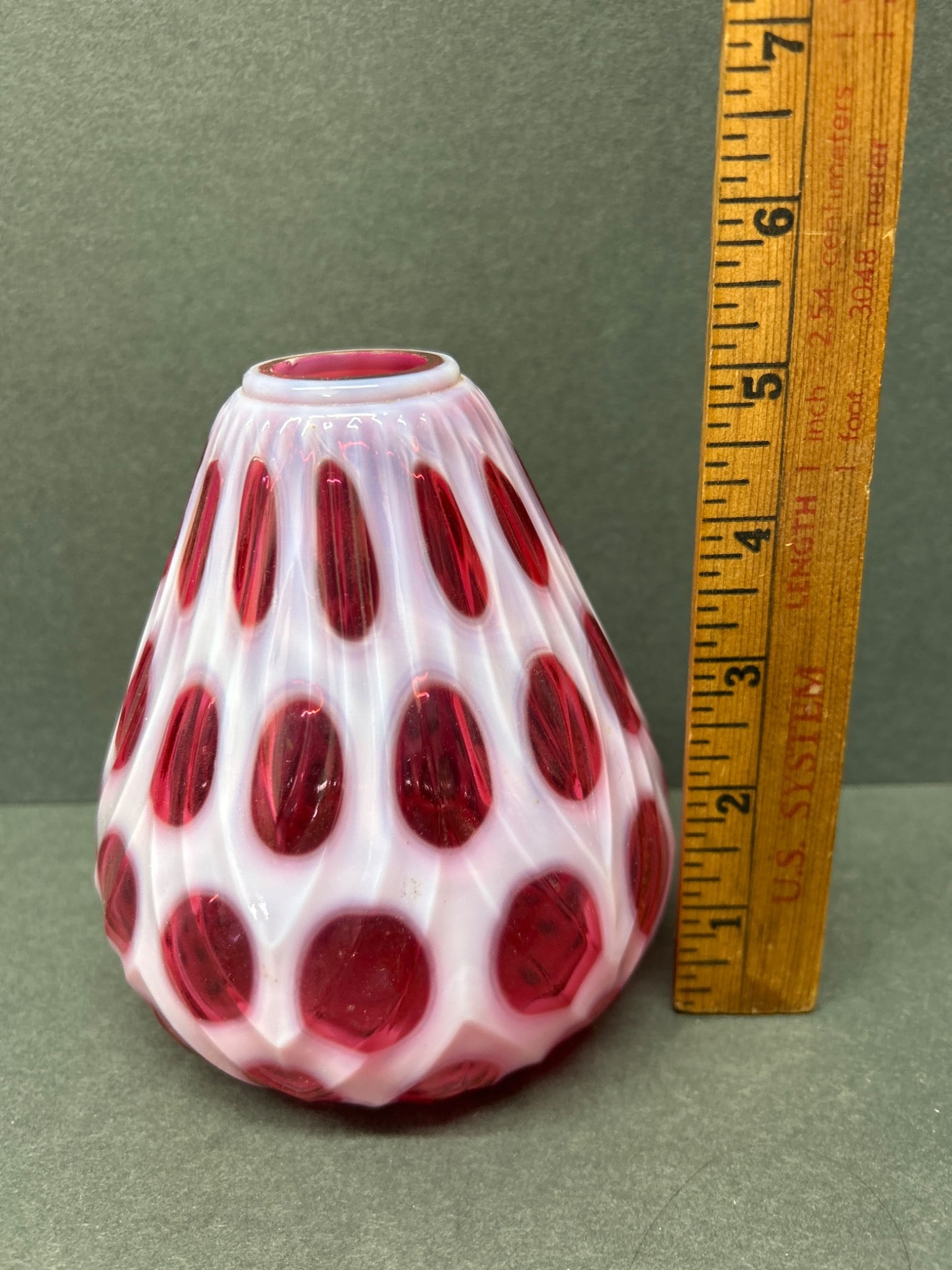 Opalescent Glass Vase with Red Thumbprint Design, Approximately 5 Inches High - 2