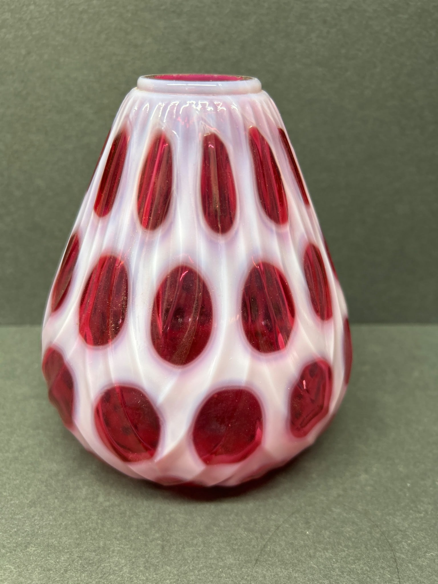 Opalescent Glass Vase with Red Thumbprint Design, Approximately 5 Inches High - 3