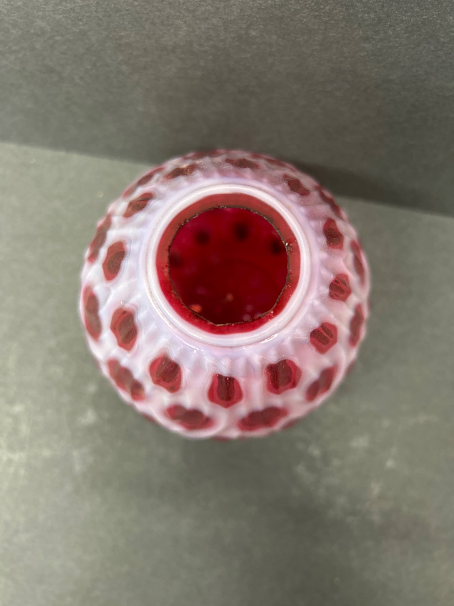 Opalescent Glass Vase with Red Thumbprint Design, Approximately 5 Inches High - 4