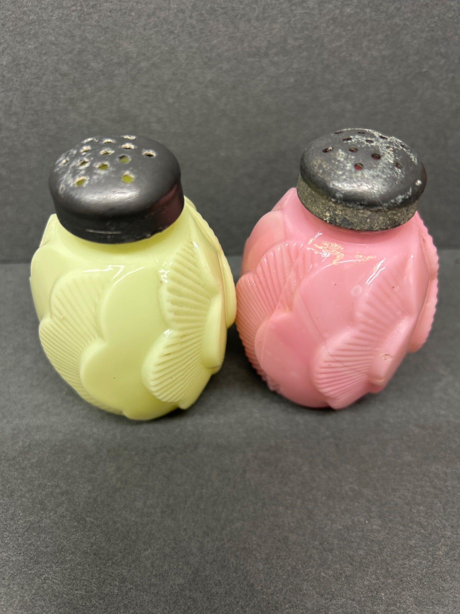 Pink and Yellow Pressed Glass Salt and Pepper Shakers With Metal Lids - 2