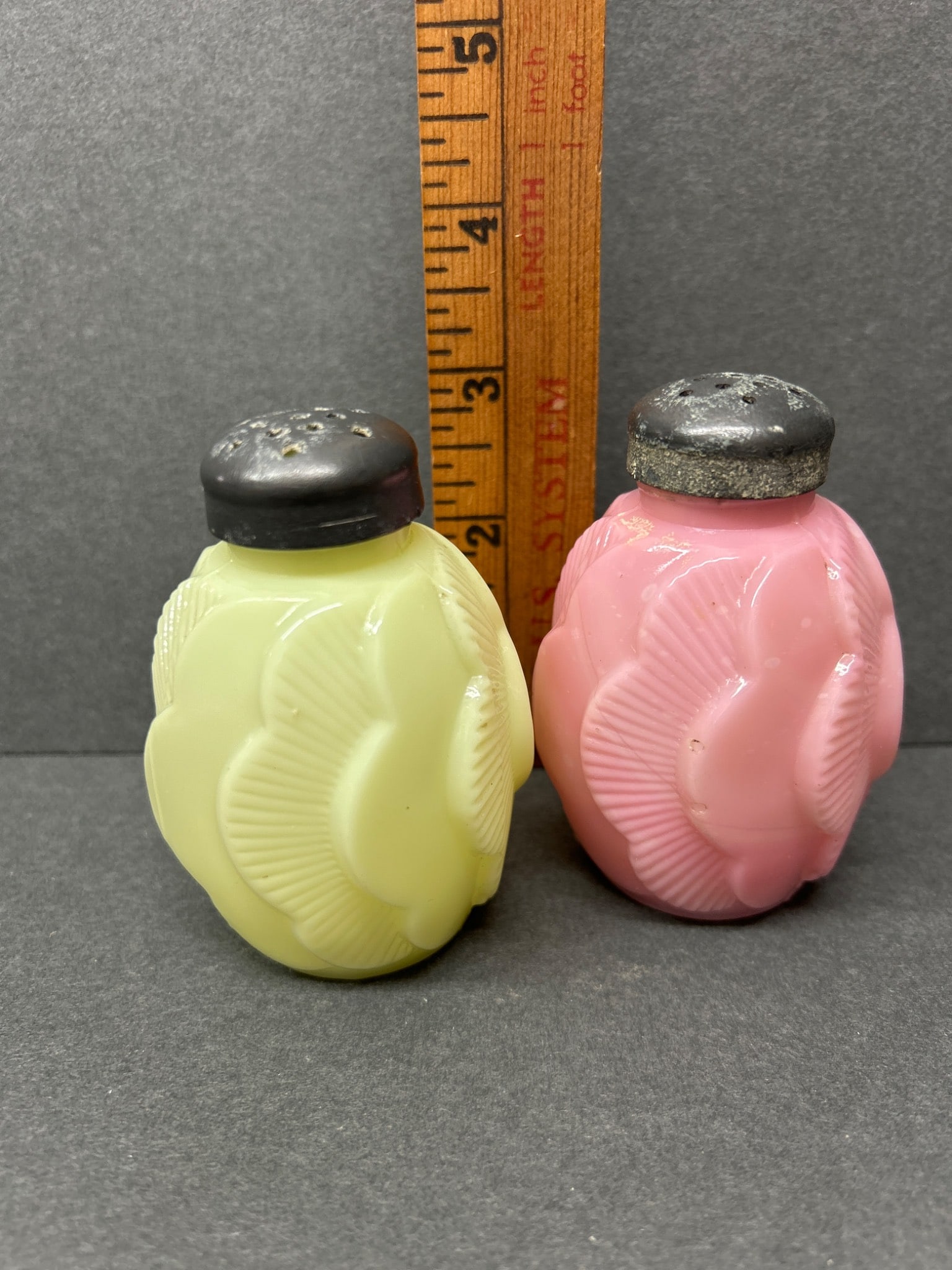 Pink and Yellow Pressed Glass Salt and Pepper Shakers With Metal Lids - 4