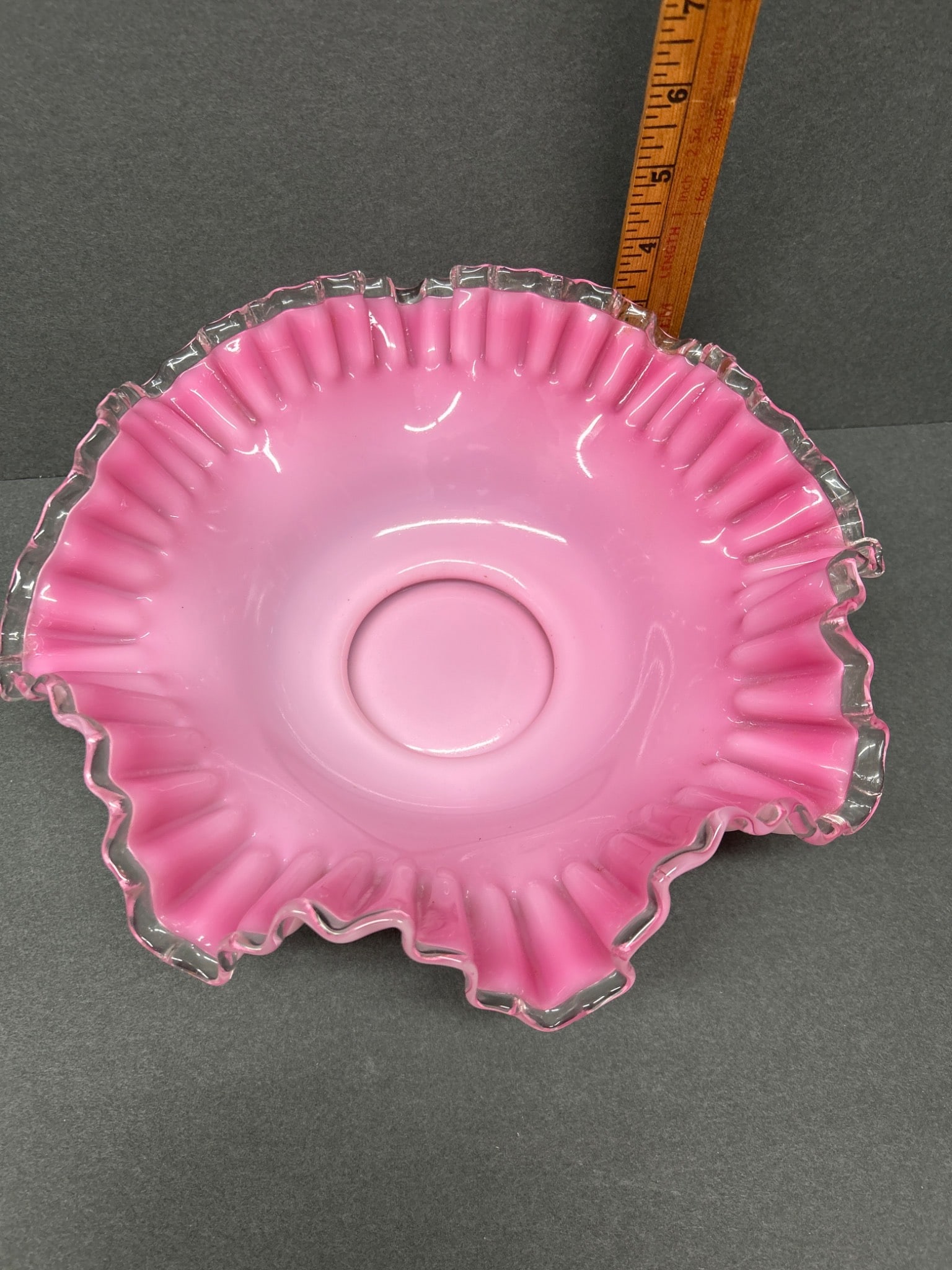 Pink and White Ruffled Glass Bowl with Clear Edging - 2