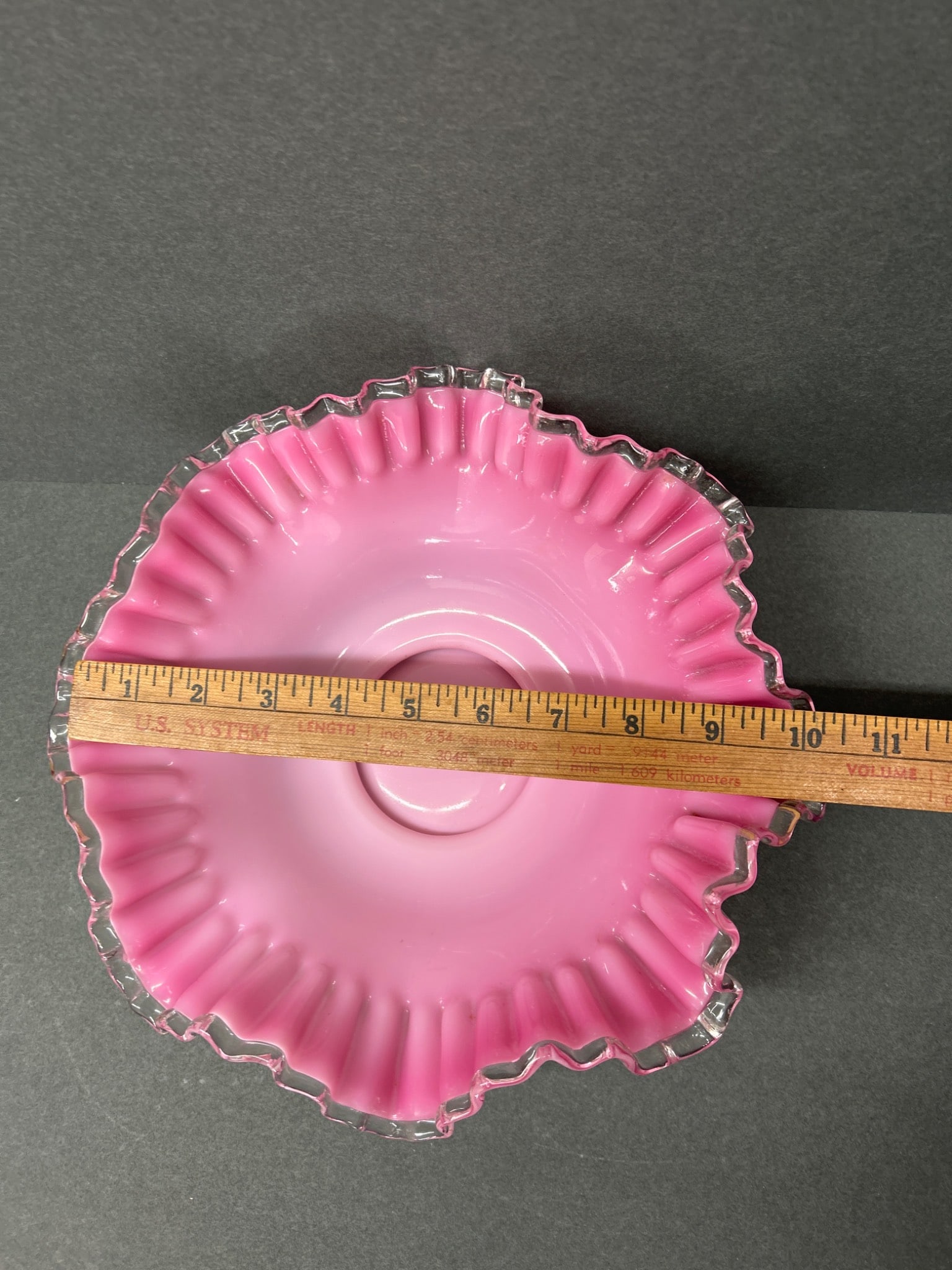 Pink and White Ruffled Glass Bowl with Clear Edging - 3
