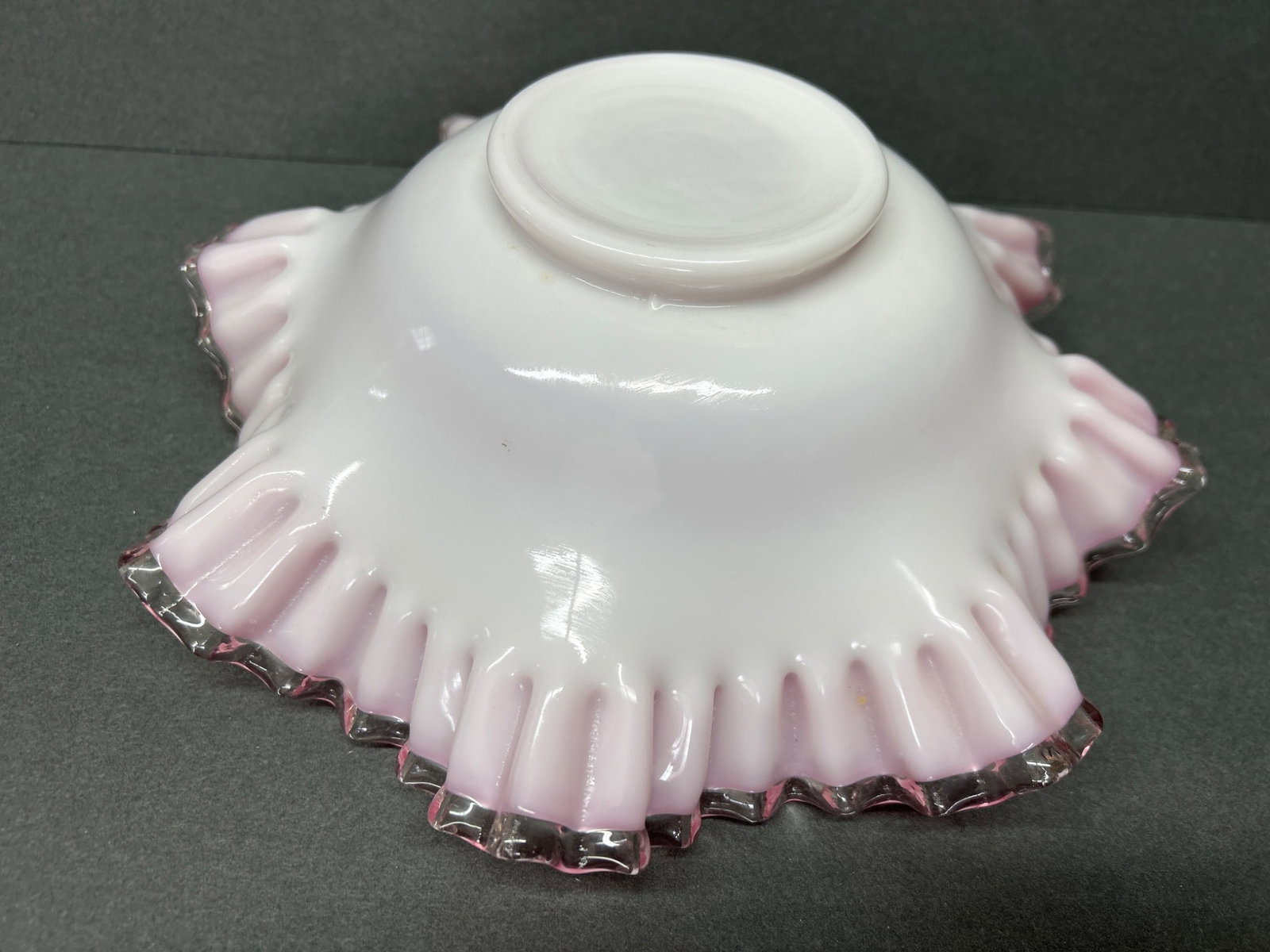Pink and White Ruffled Glass Bowl with Clear Edging - 4