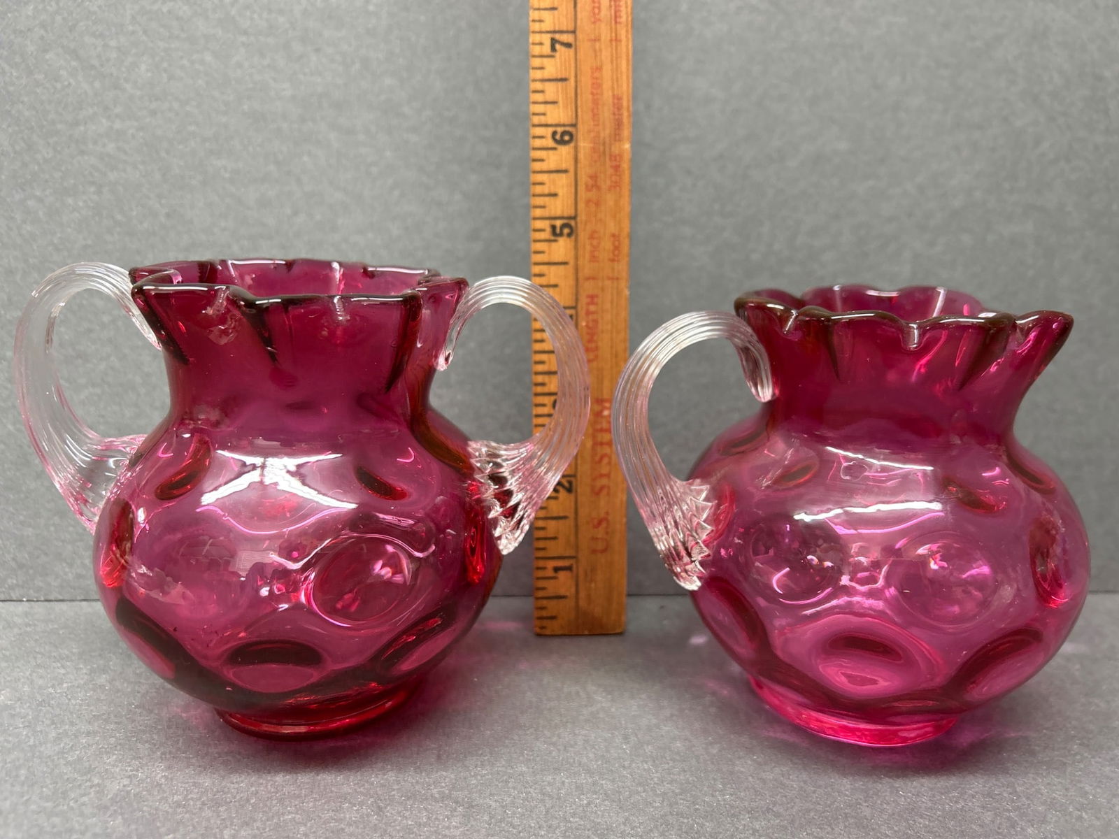 Cranberry Glass Creamers With Hobnail Design and Clear Handles - 2