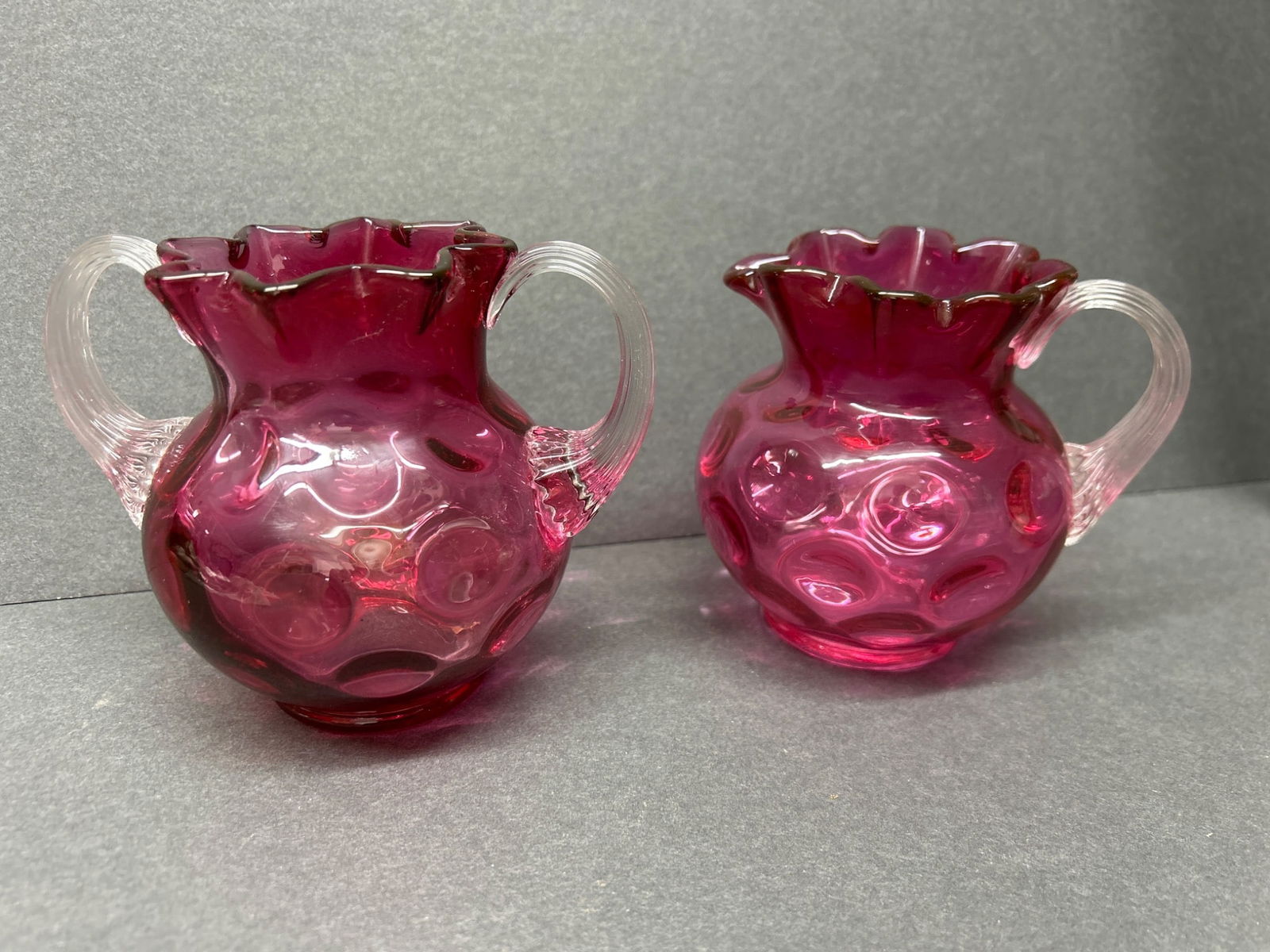 Cranberry Glass Creamers With Hobnail Design and Clear Handles - 3