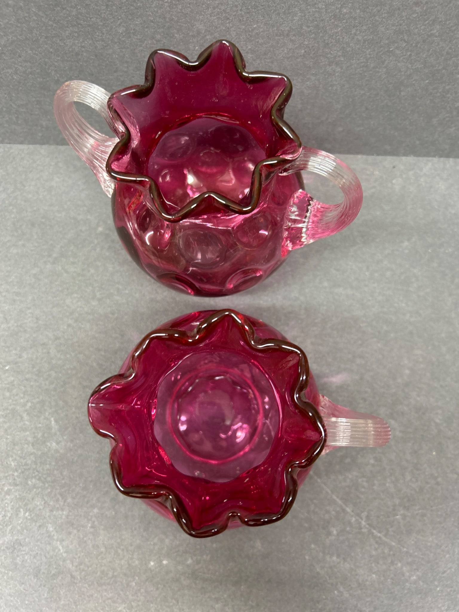 Cranberry Glass Creamers With Hobnail Design and Clear Handles - 4