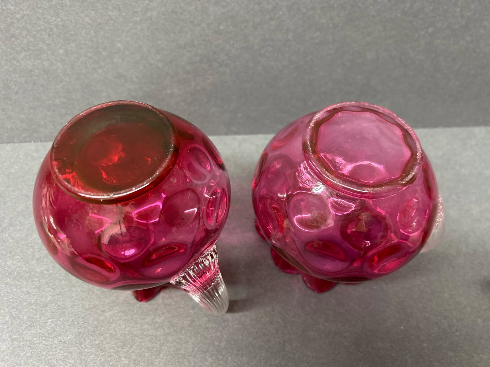 Cranberry Glass Creamers With Hobnail Design and Clear Handles - 5