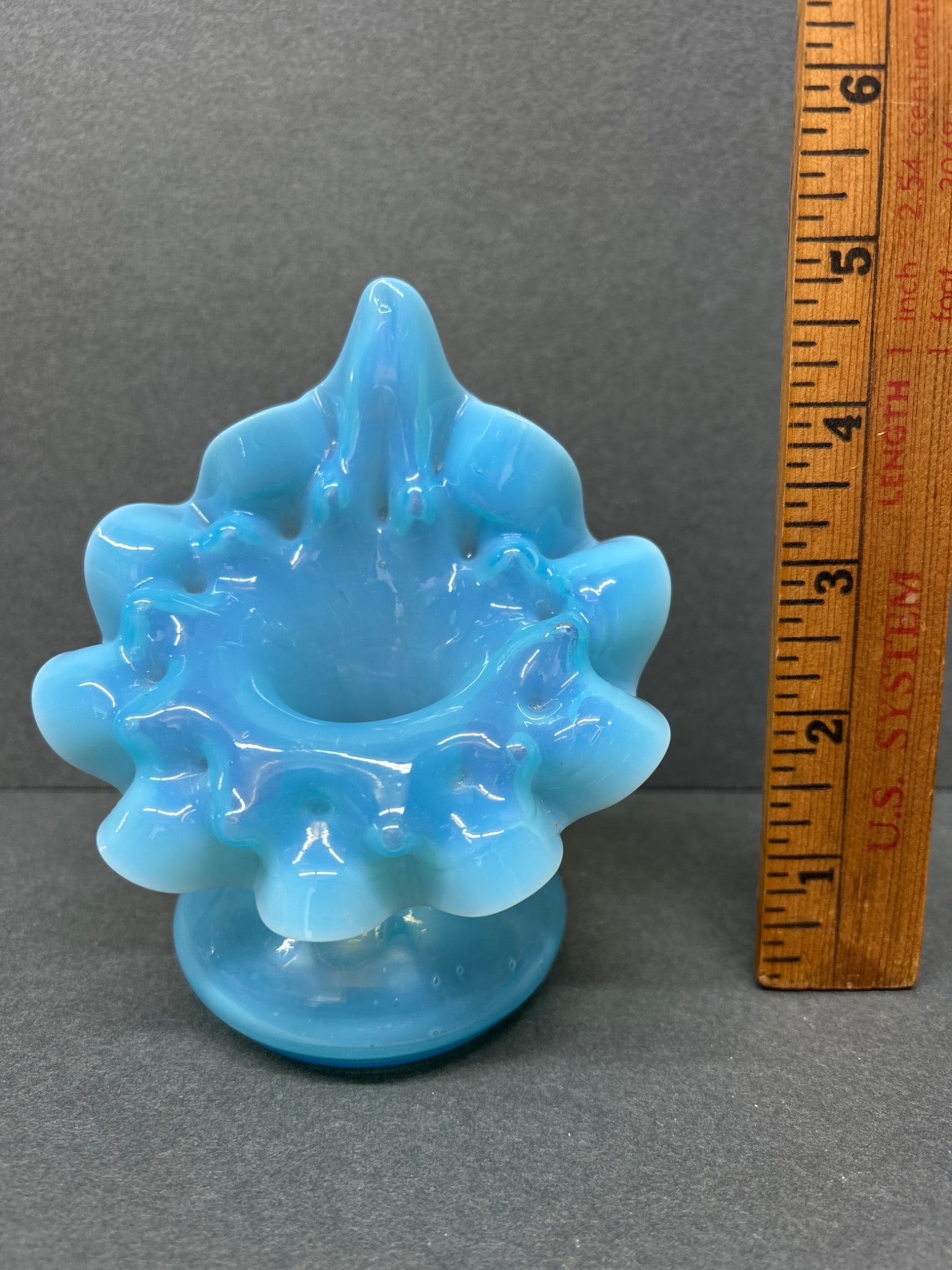 Blue Glass Vase With Ruffled Edges - Approximately 5 Inches Tall - 2