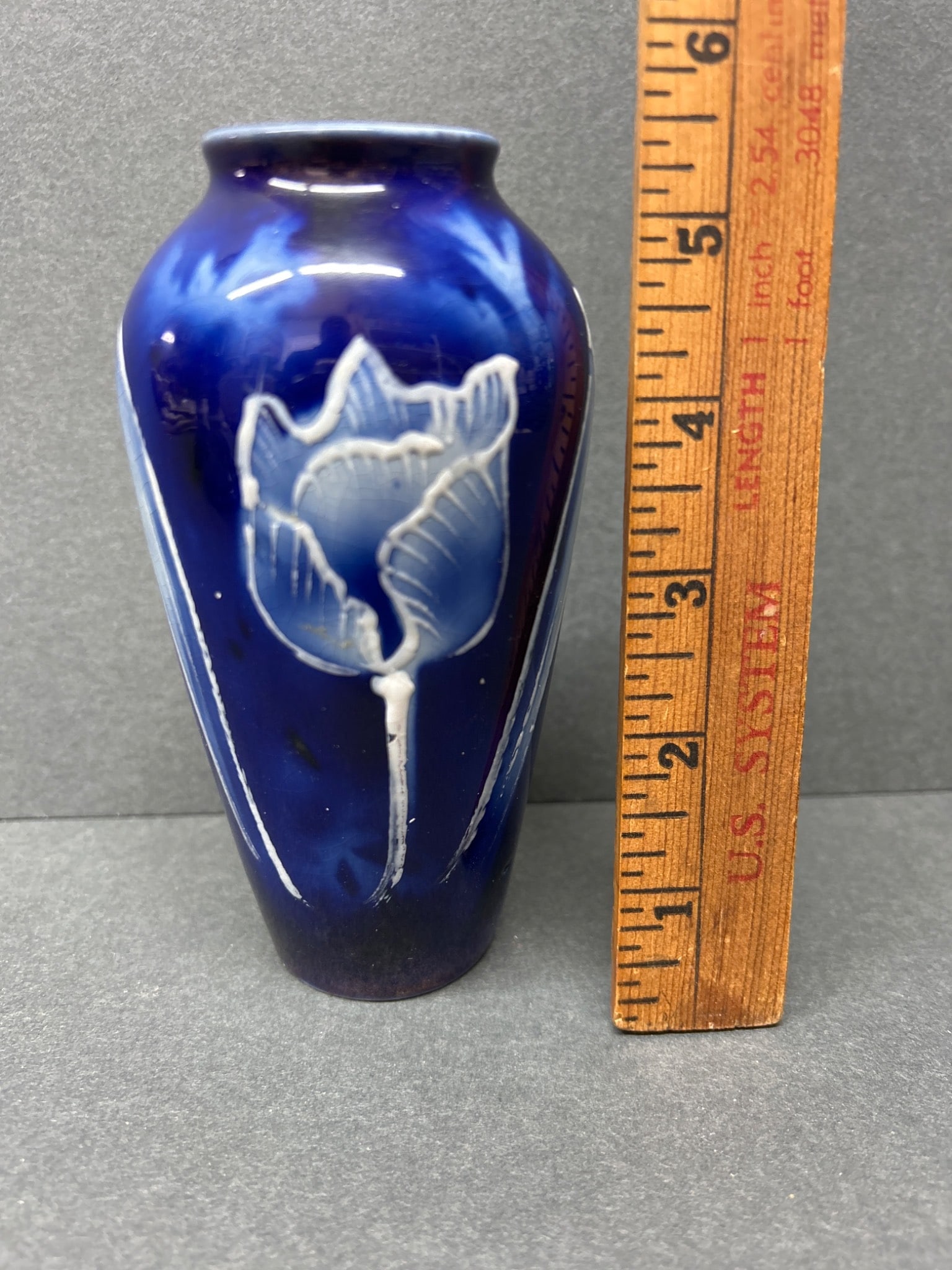 Cobalt Blue Handcrafted Vase with Floral Design, Marked LEN No. 2906 - 4