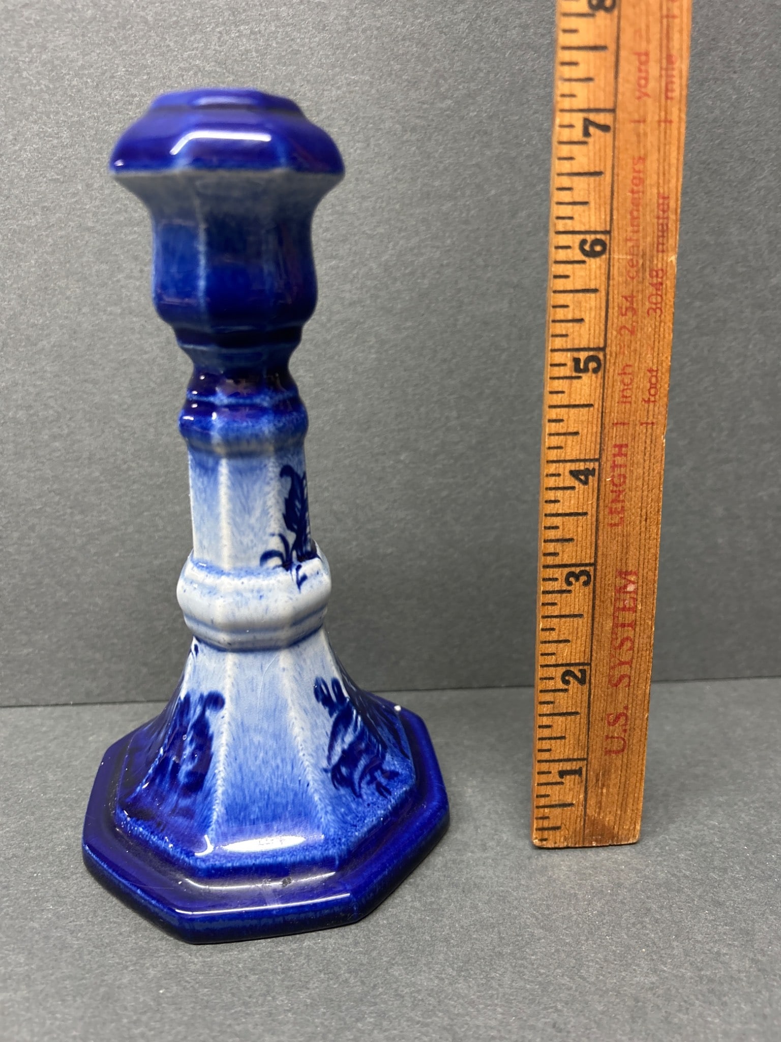 Blue Ceramic Candlestick With Octagonal Base and Floral Motif - 2