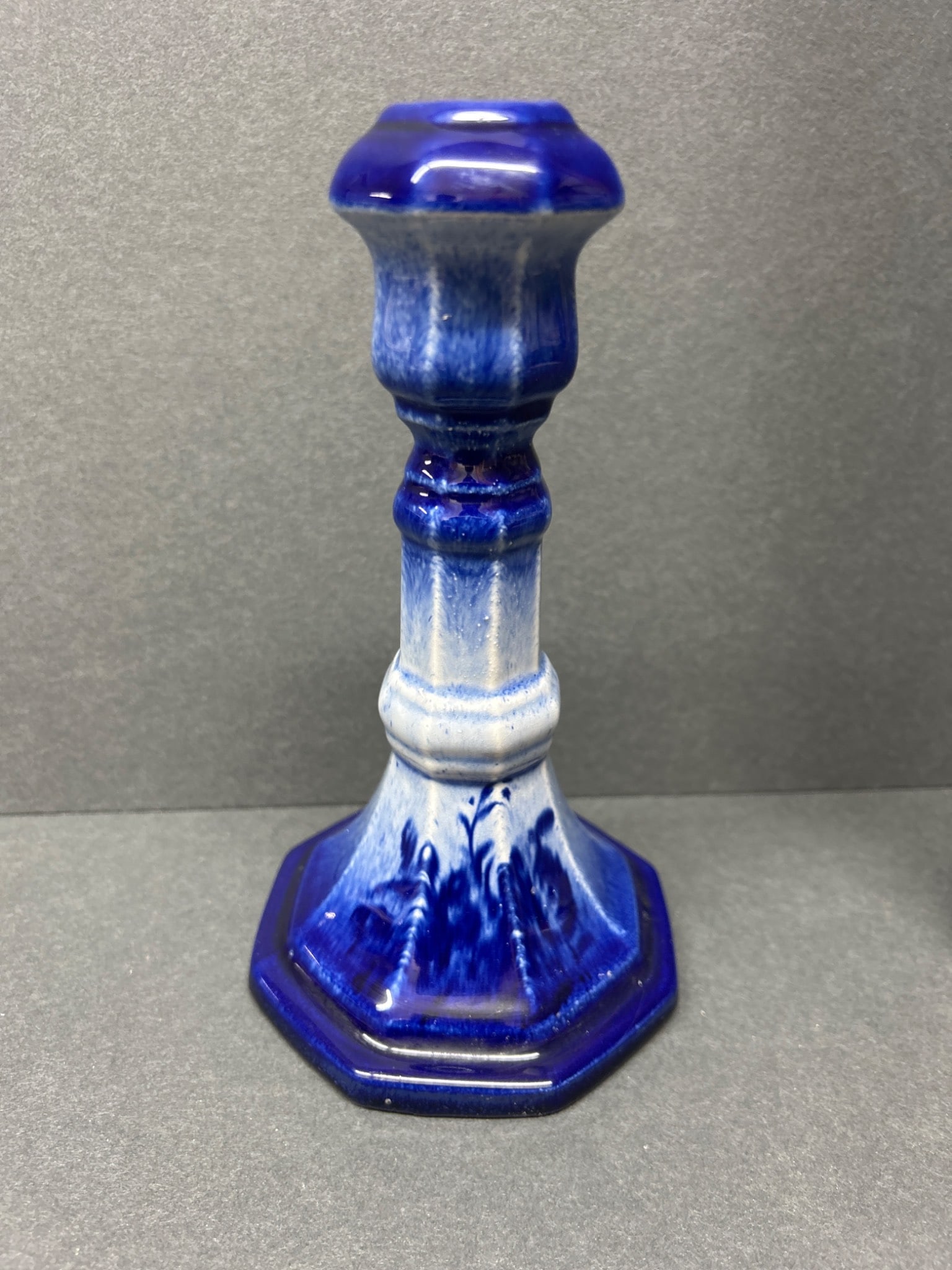 Blue Ceramic Candlestick With Octagonal Base and Floral Motif - 3