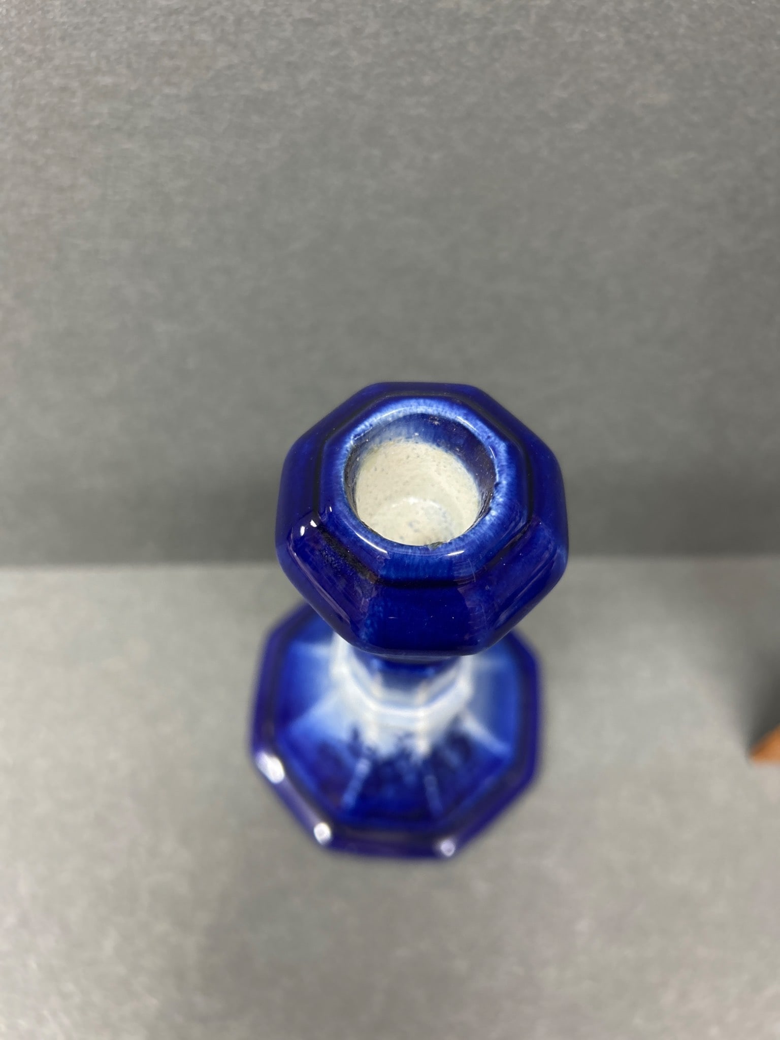 Blue Ceramic Candlestick With Octagonal Base and Floral Motif - 4