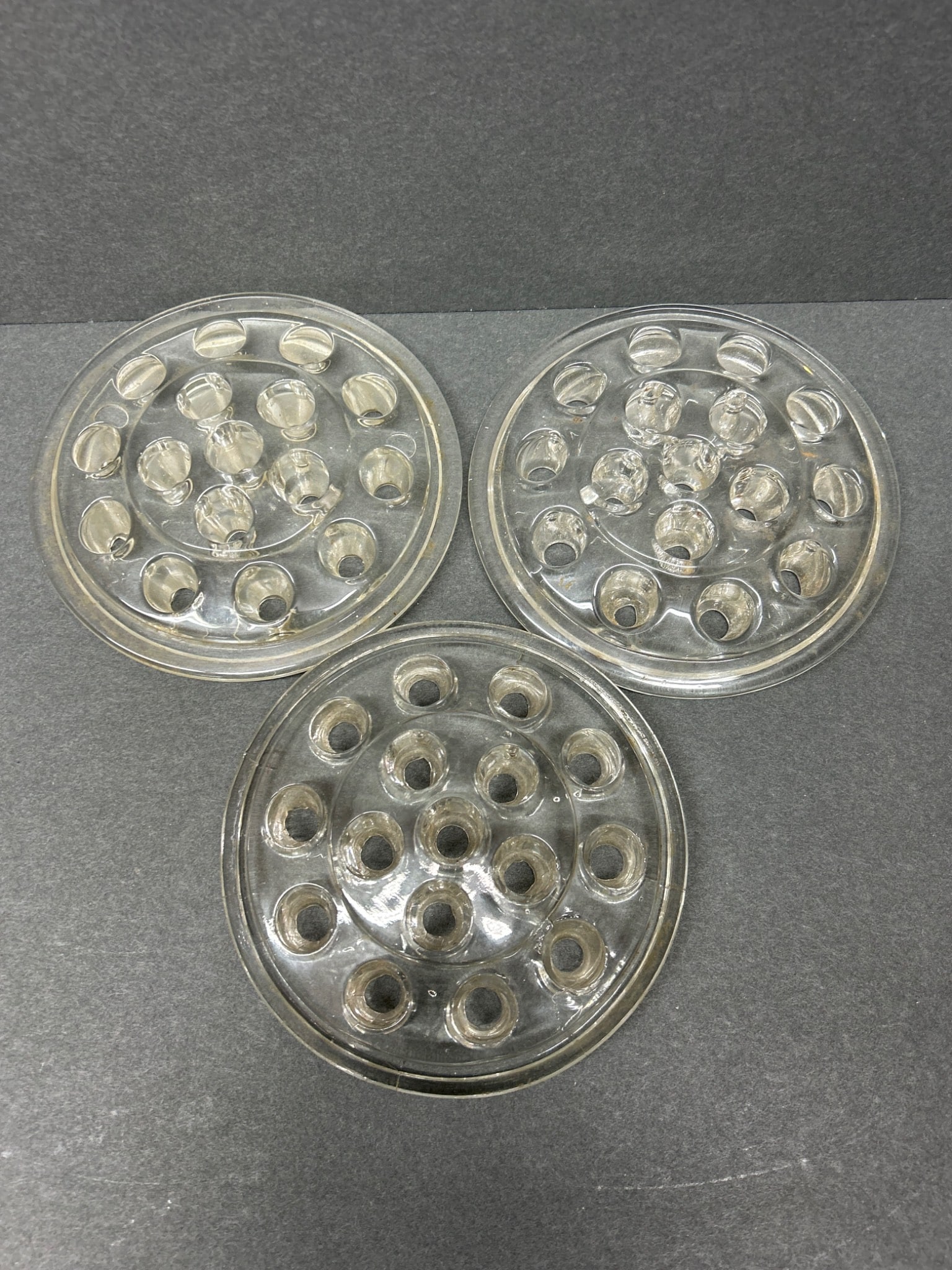 Three Clear Glass Flower Frogs, 11-Hole and 16-Hole Designs - 2