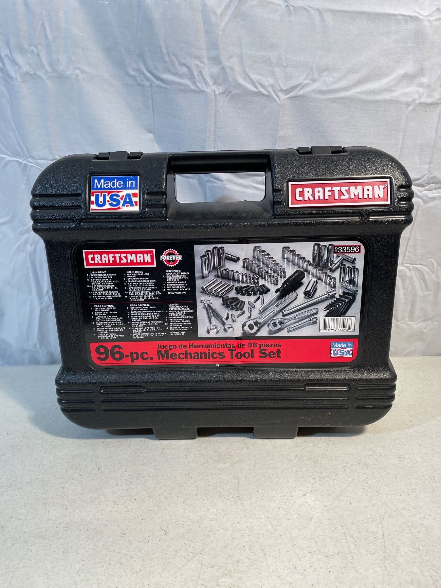 Craftsman 96-Pc Mechanics Tool Set With Case, Like New: This listing features a Craftsman 96-piece mechanics tool set, made in the USA. It includes sockets, ratchets, and additional accessories in its original hard plastic carrying case. The set appears