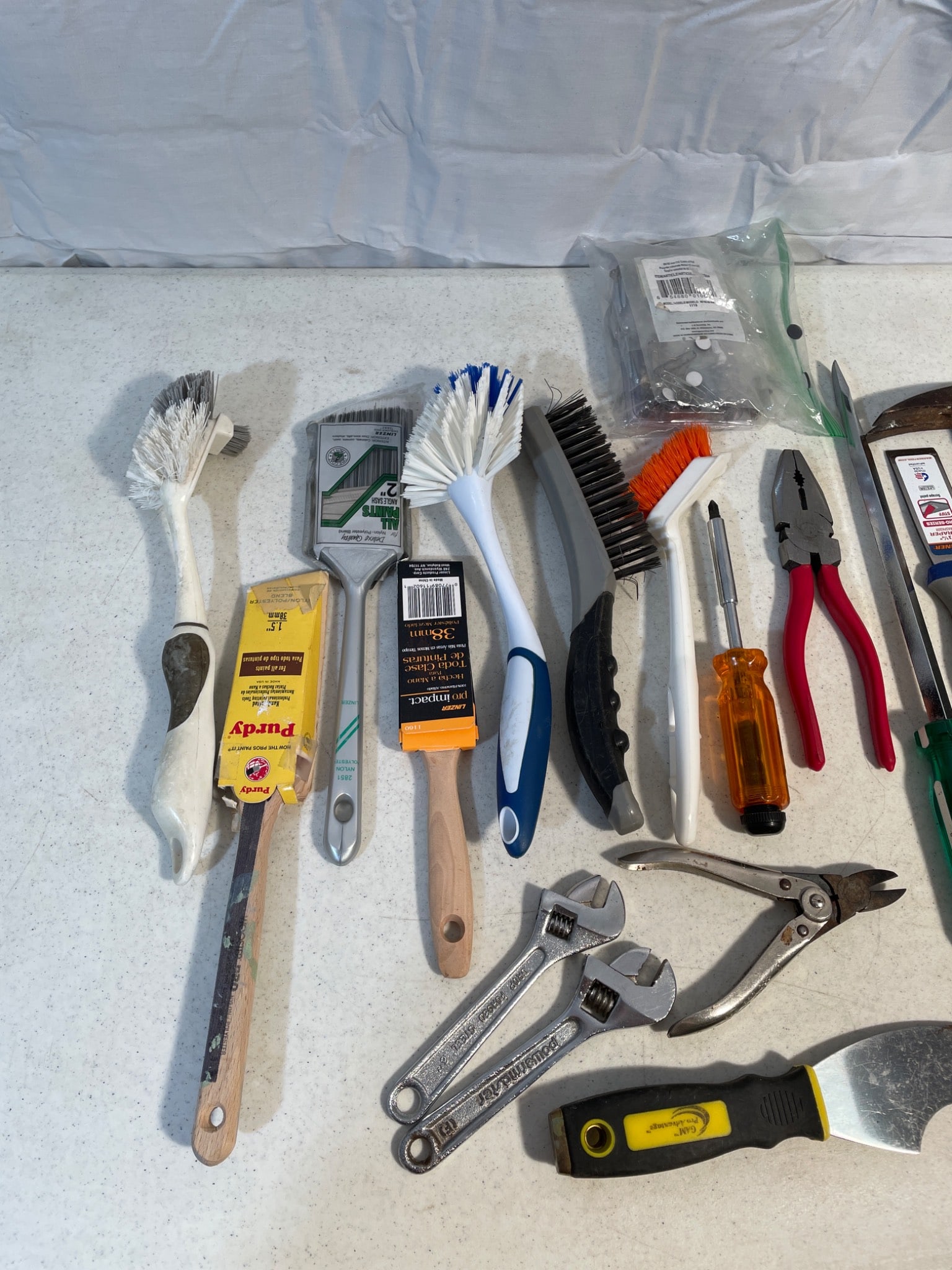 Tool Lot With Hand Tools, Brushes, and Basket - 4
