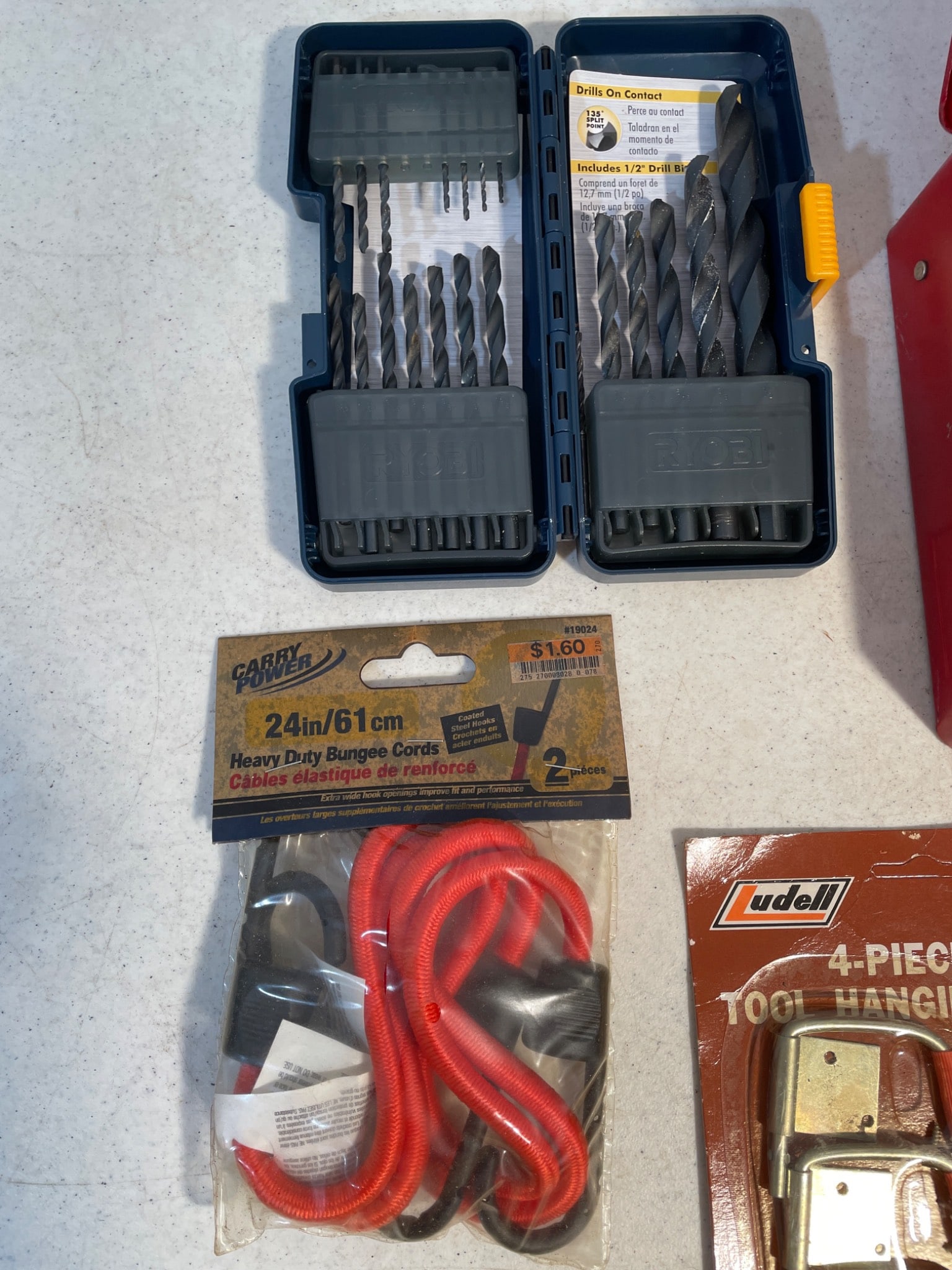 Tools Including Drill Bit Sets, Pipe Wrench, and Bungee Cords - 2